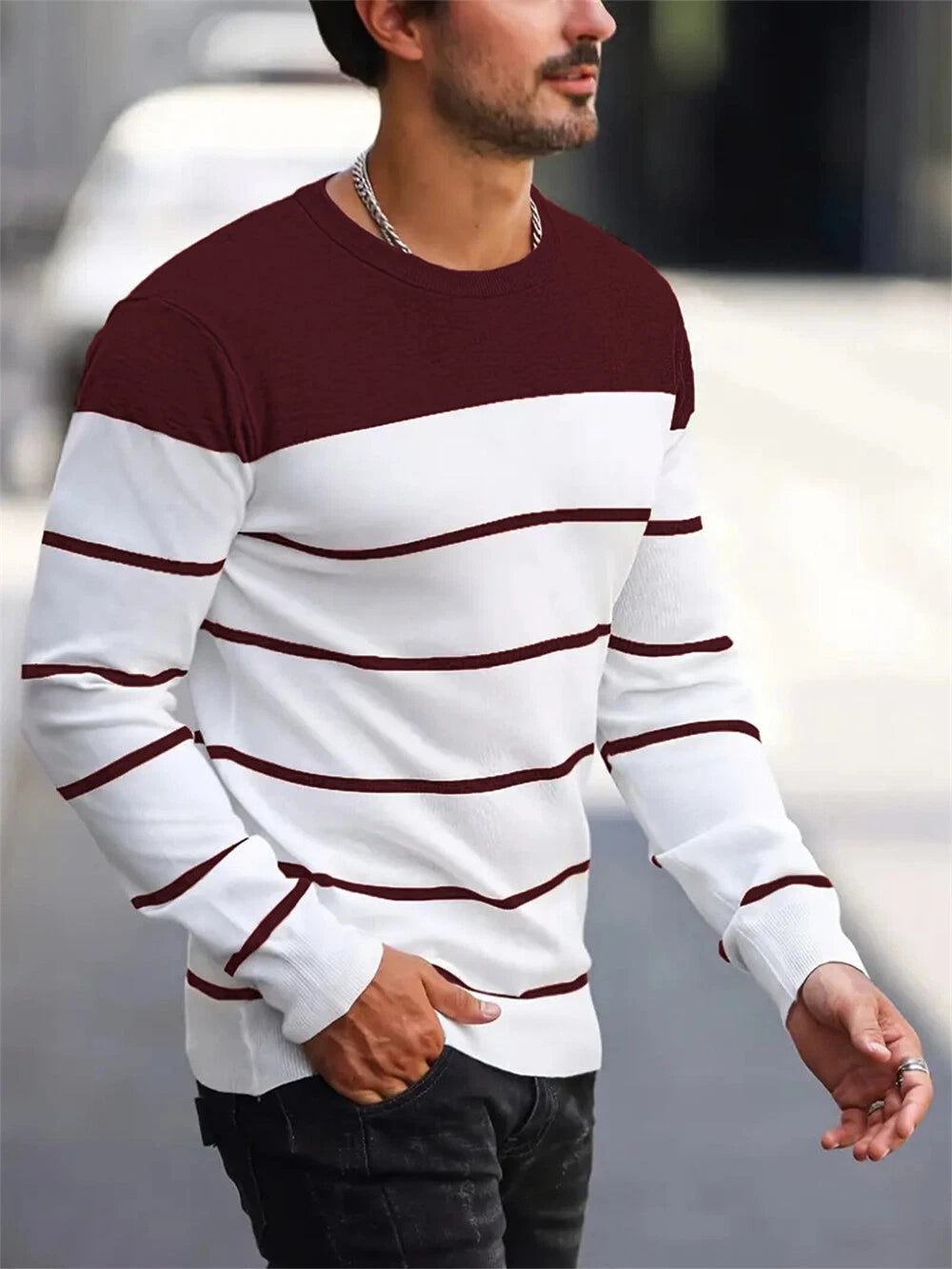 Men's Long Sleeve Stripes T-Shirt Classic Casual Slim Round Neck Shirts