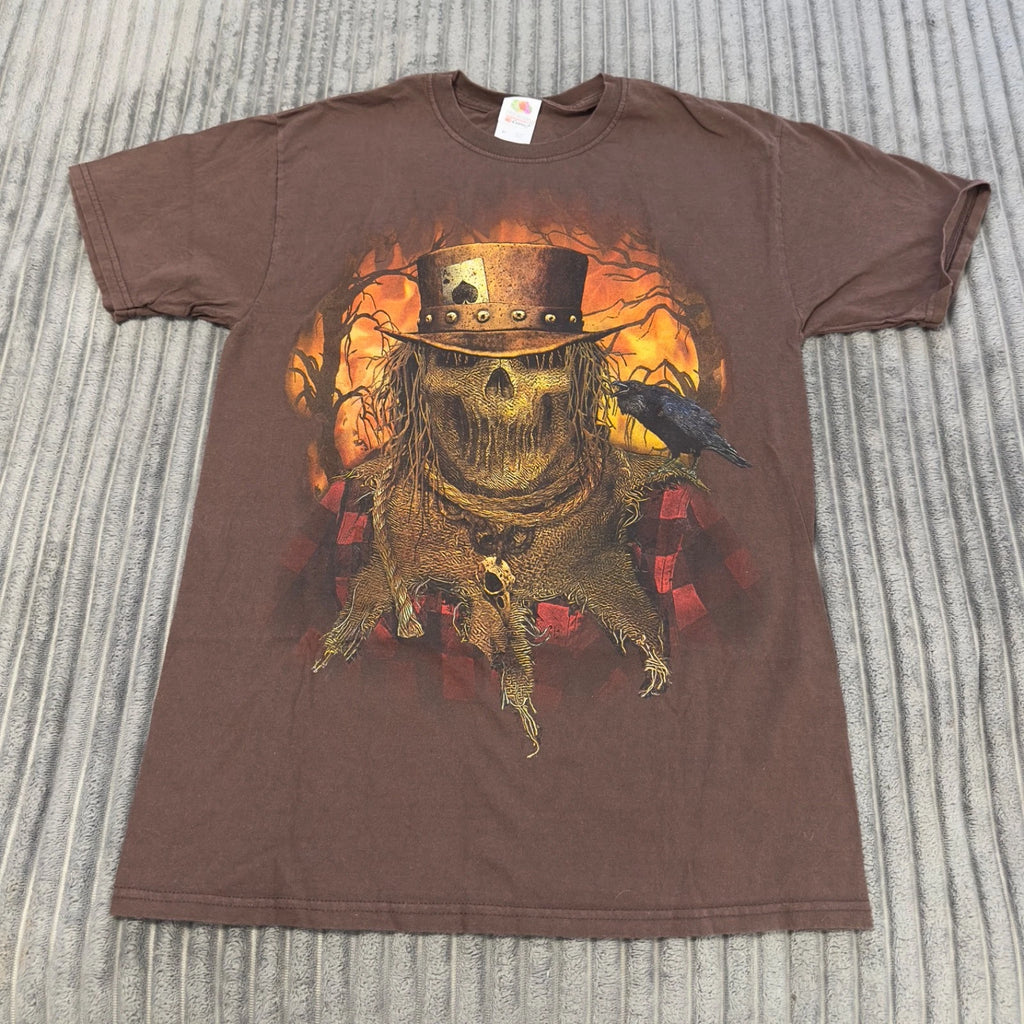 Y2K Scarecrow T-Shirt Mens M Brown Graphic Grunge Gambler Reaper Skeleton