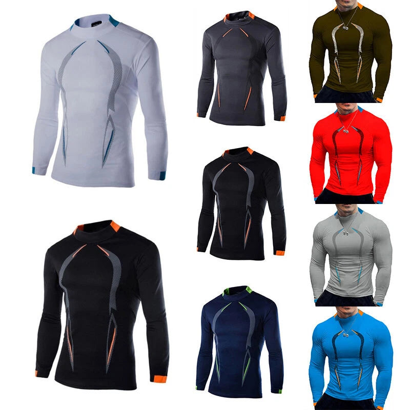 Mens Compression Shirt Base Layer Thermal Tights Top Long Sleeve Gym Activewear⇔