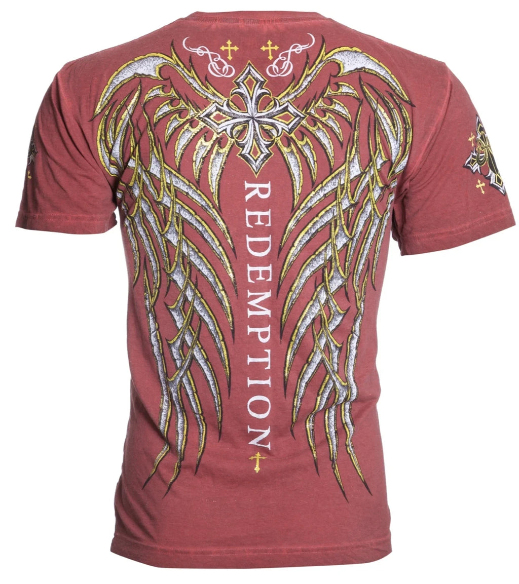 Archaic Affliction Men's T-Shirt Short Sleeve SPINE WINGS Biker Red M-3XL