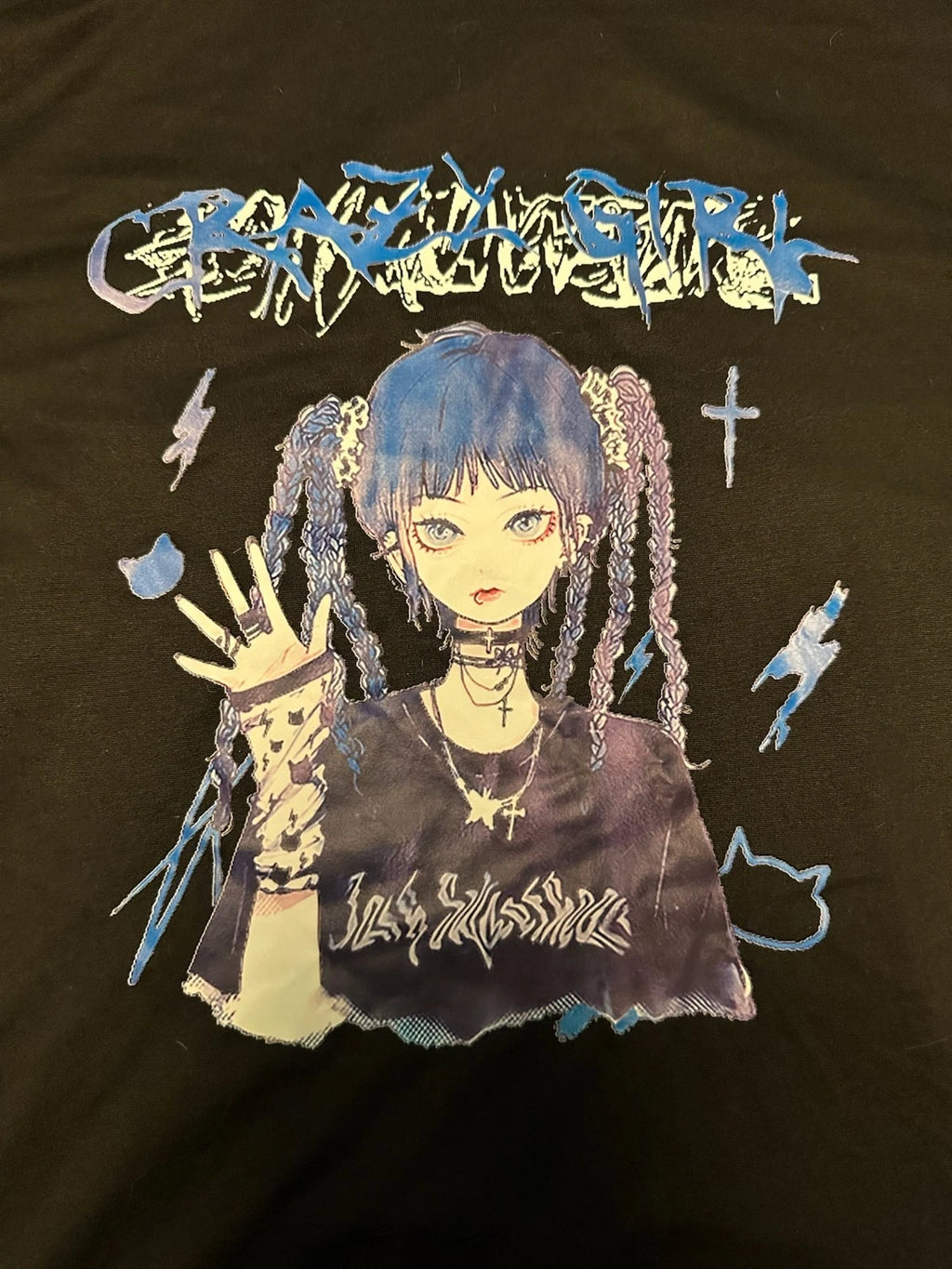 Japanese Kawaii Gothic Emo Blue Hair Anime Girl Graphic tee shirt