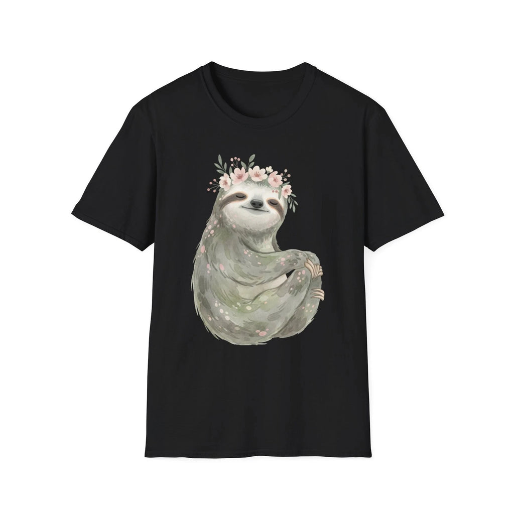 Sloth Flower Crown Watercolor Cute Boho Black Tee Nature Graphic T-Shirt