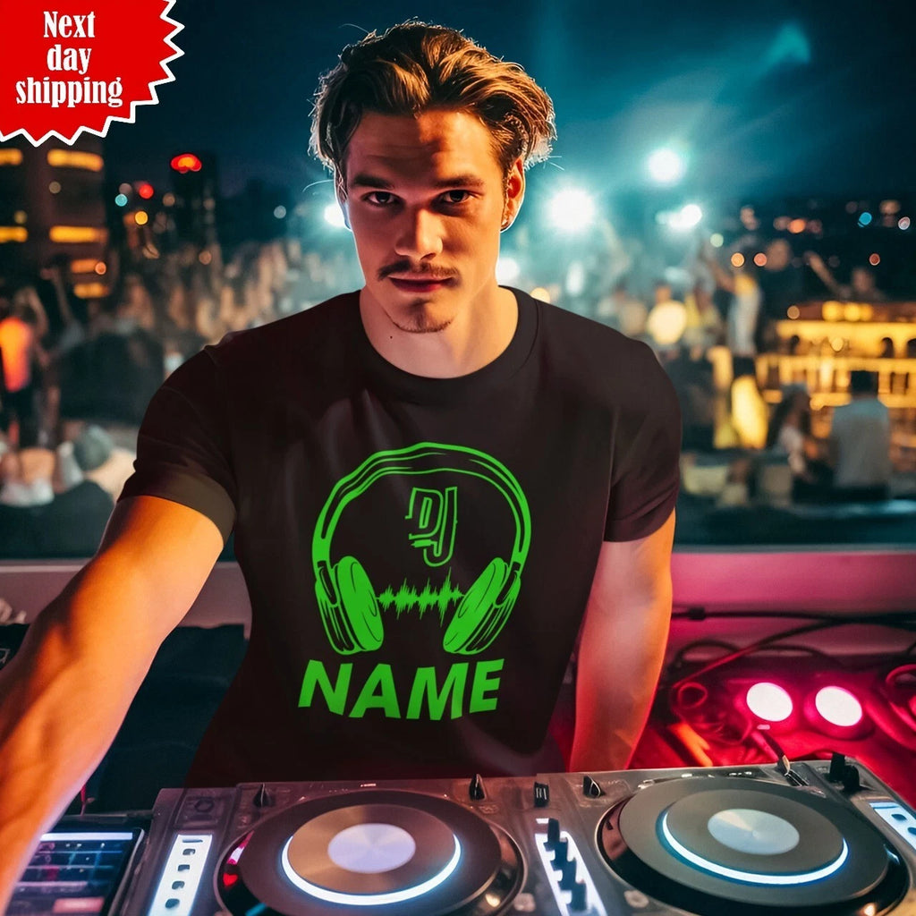 Personalised DJ Name T-Shirt Printed Headphones Music Party Club Unisex Tee Top