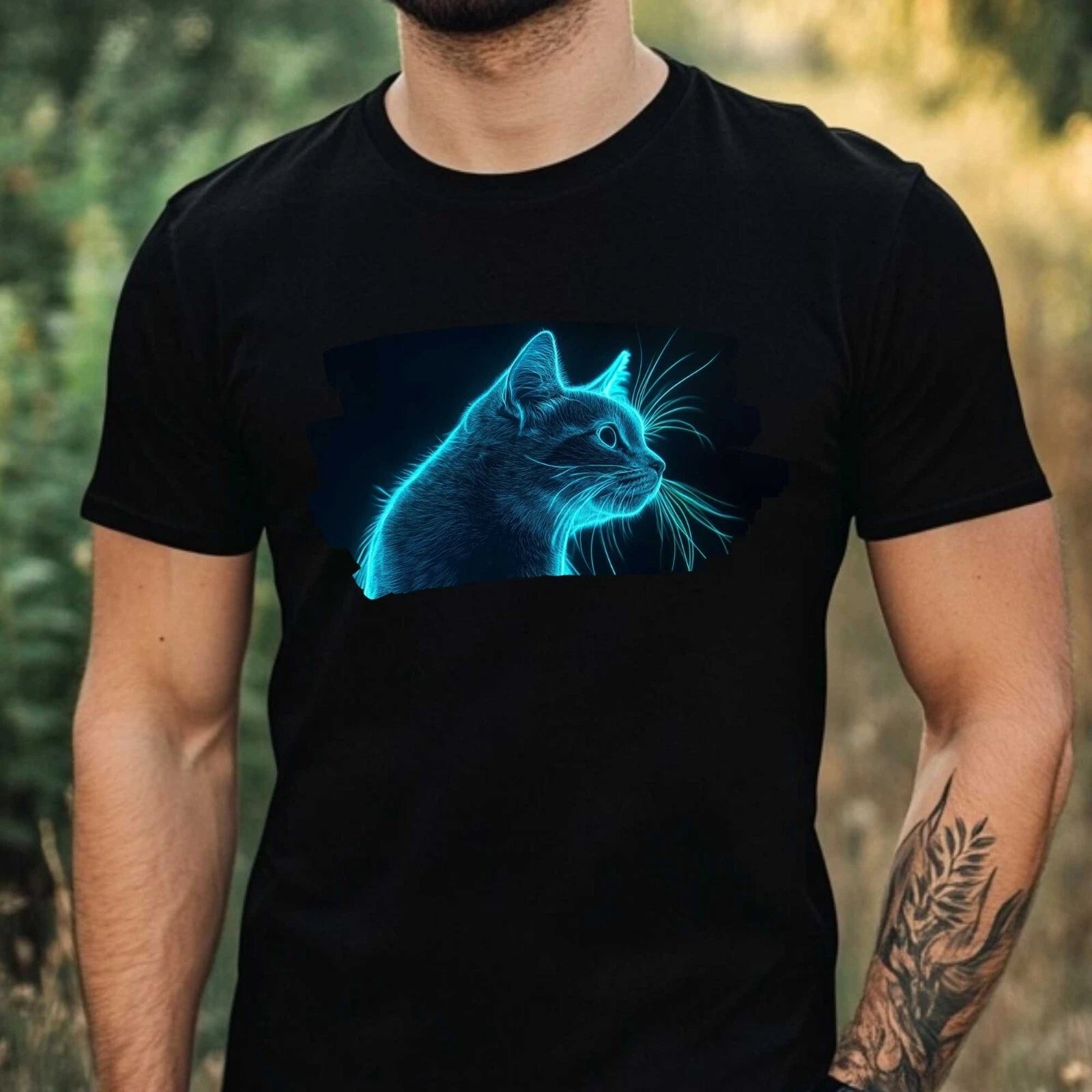 Mens Light Up Cat Print Cotton T-Shirt Size XS to 5XL