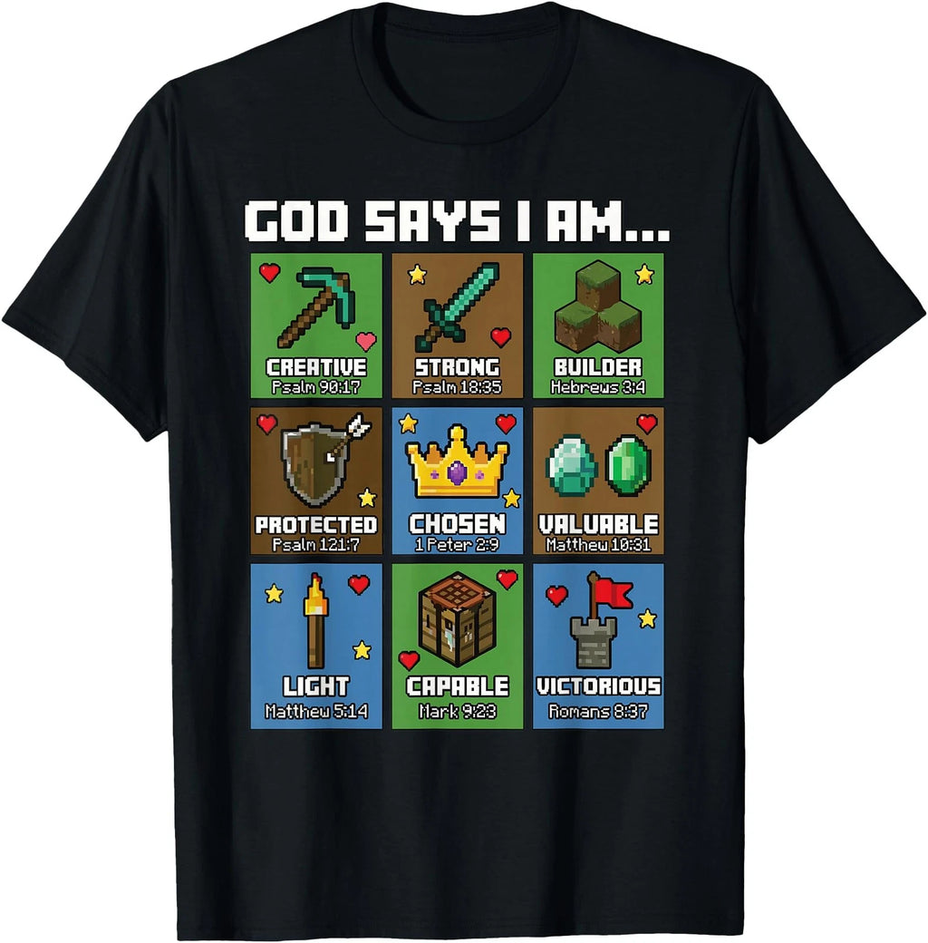 God Says I Am Bible Verses Pixel Art Christian Gamer Boys T-Shirt