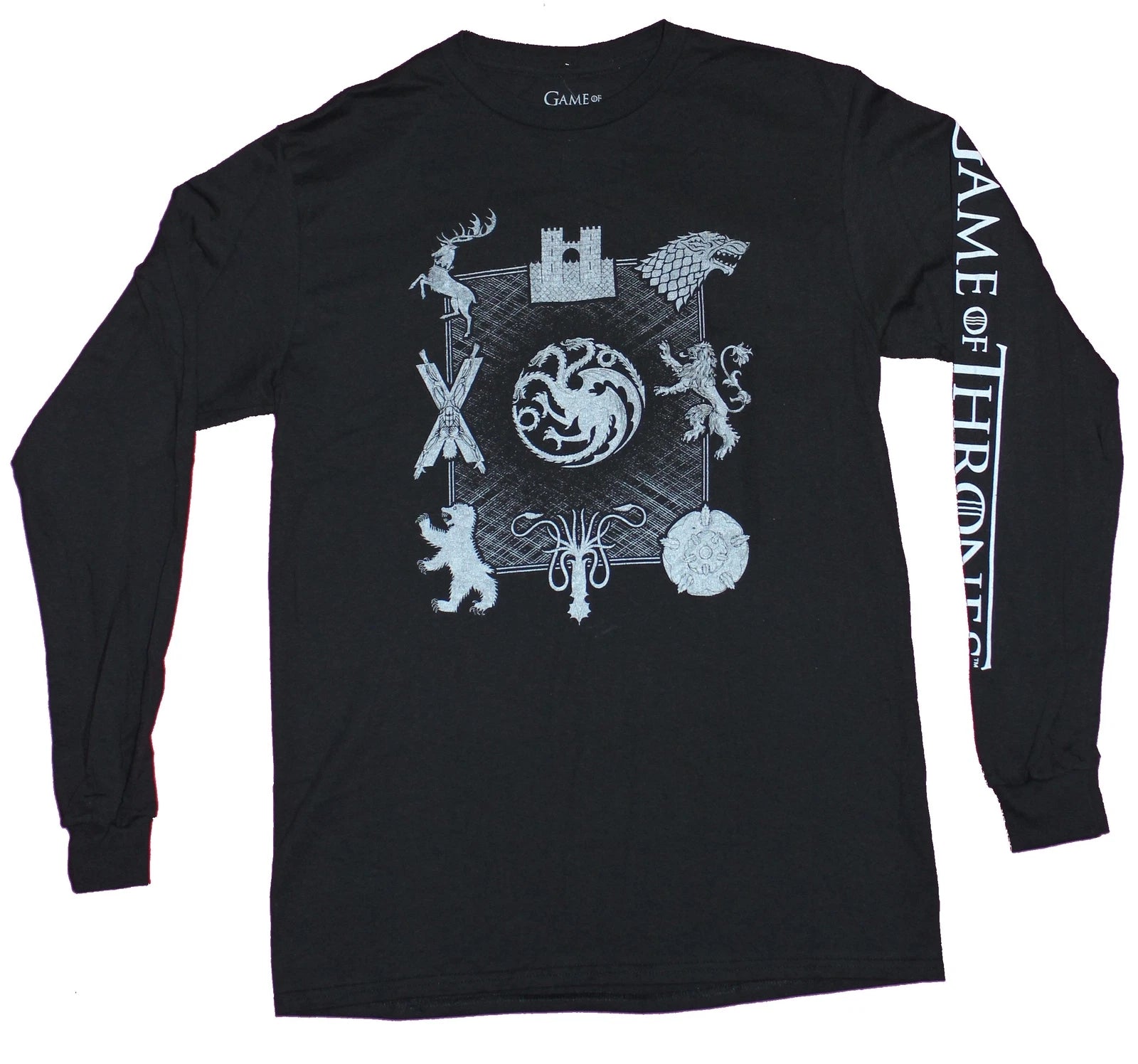Game of Thrones Mens Long Sleeve T-Shirt - 9 Houses Sigil & Word Sleeves