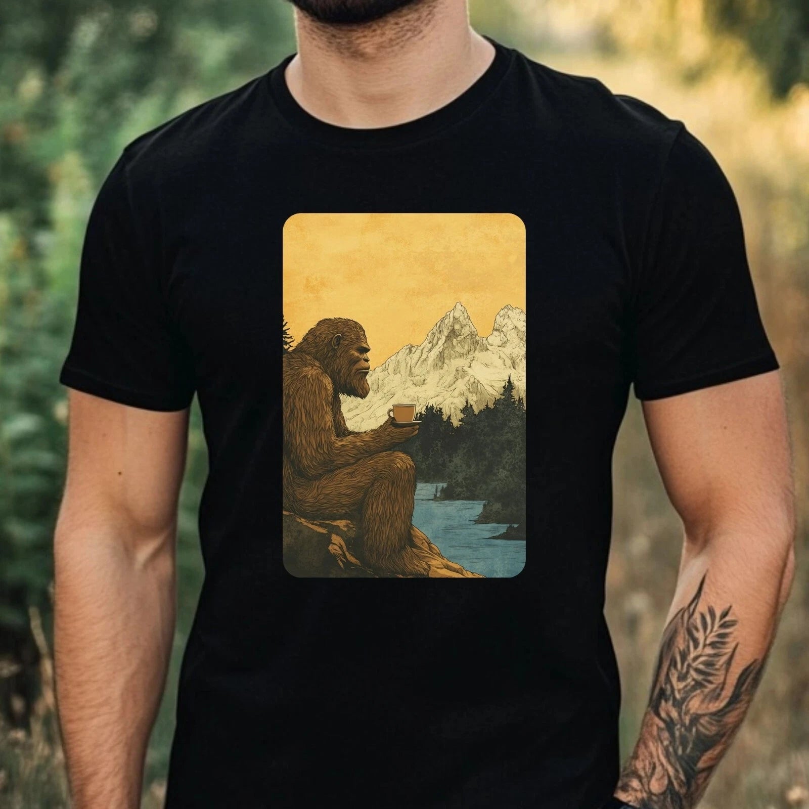 Mens Bigfoot Coffee Print Cotton T-Shirt Size XS to 5XL