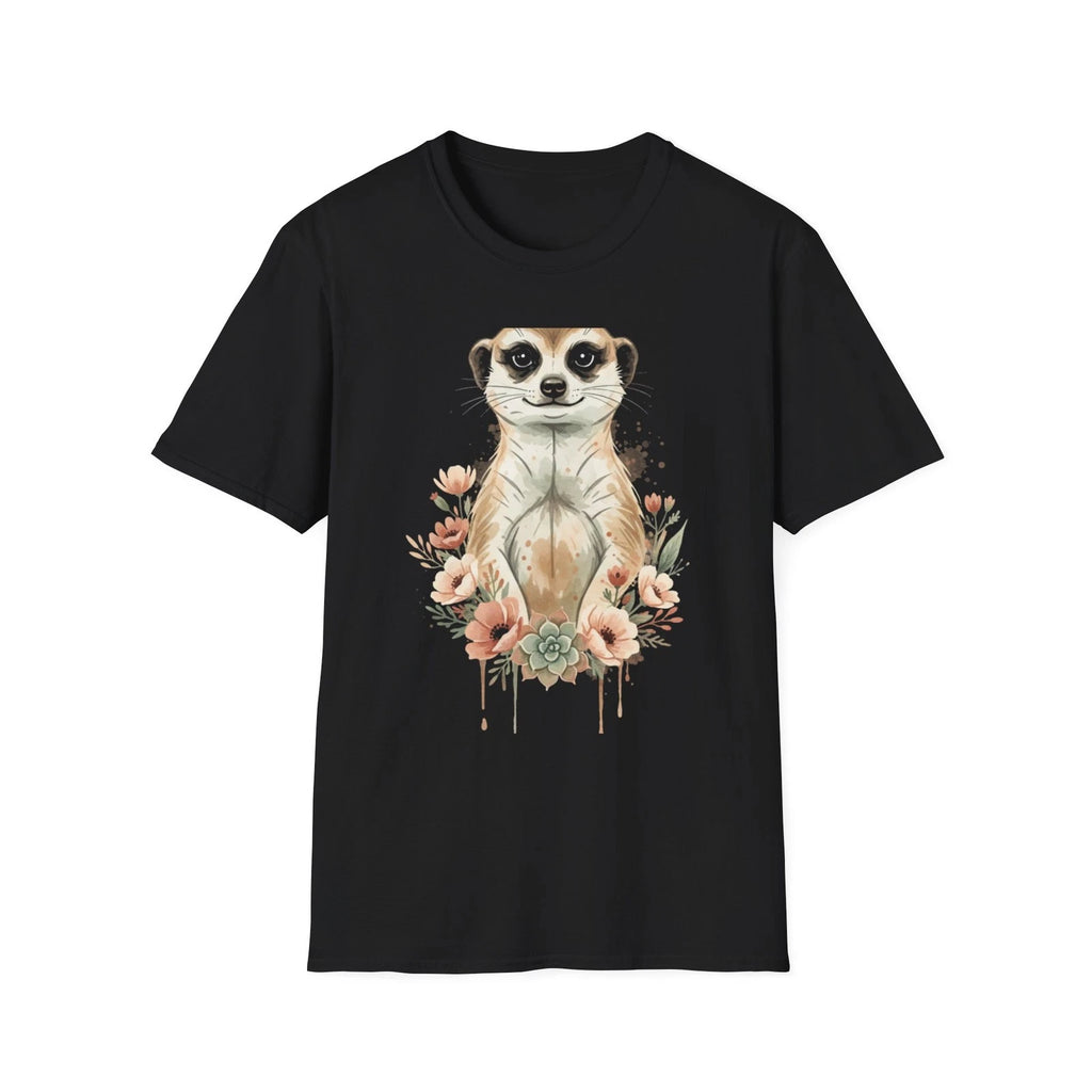 Meerkat Floral Watercolor Boho Black Tee Nature Pastel Graphic T-Shirt