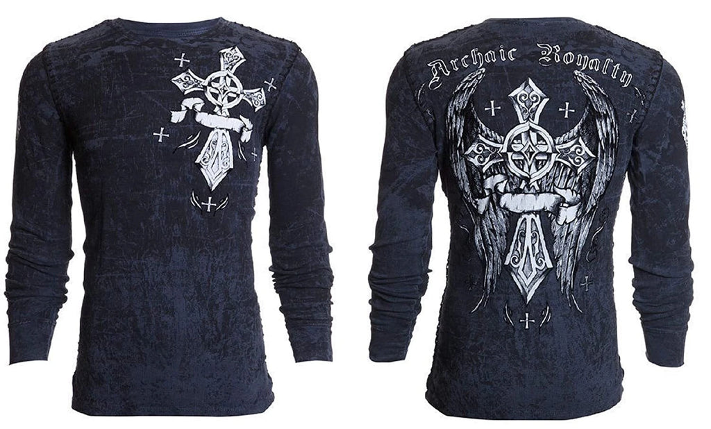 Archaic by Affliction Men's Thermal Shirt COUNTDOWN Wings Skull Biker Charcoal