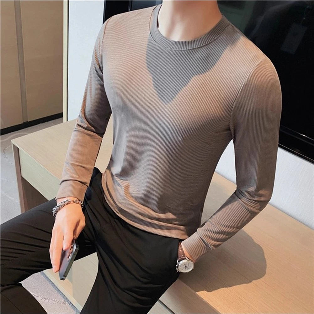 Casual Wear Holiday Outfit Mens Long Sleeve Tee Casual Solid Top Round Neck