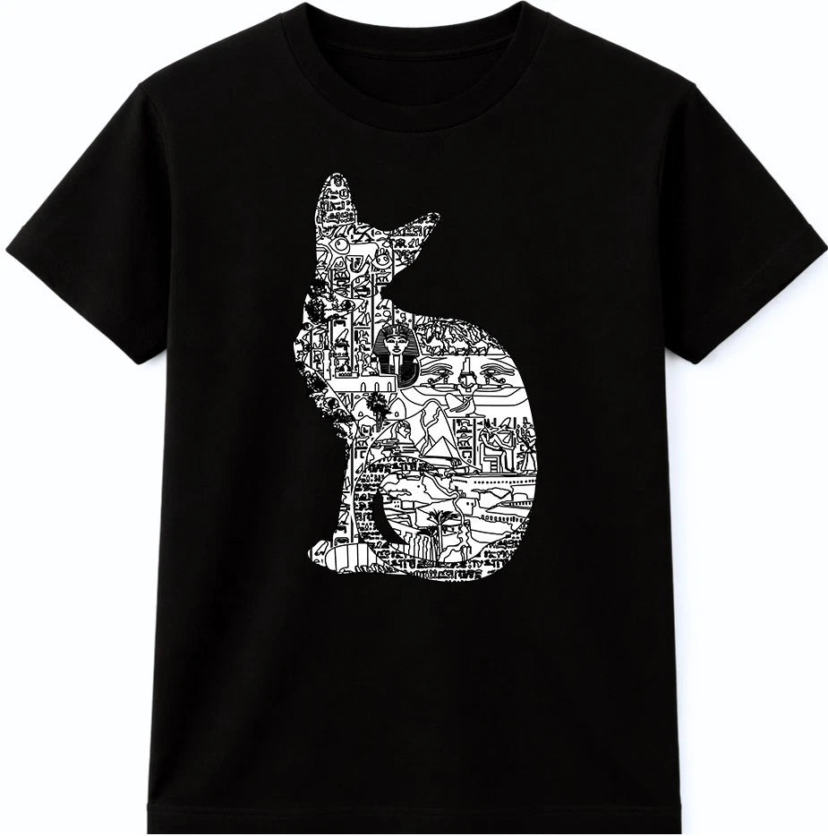 Egyptian Cat Line Art Graphic T-Shirt – Ancient Symbol Tee