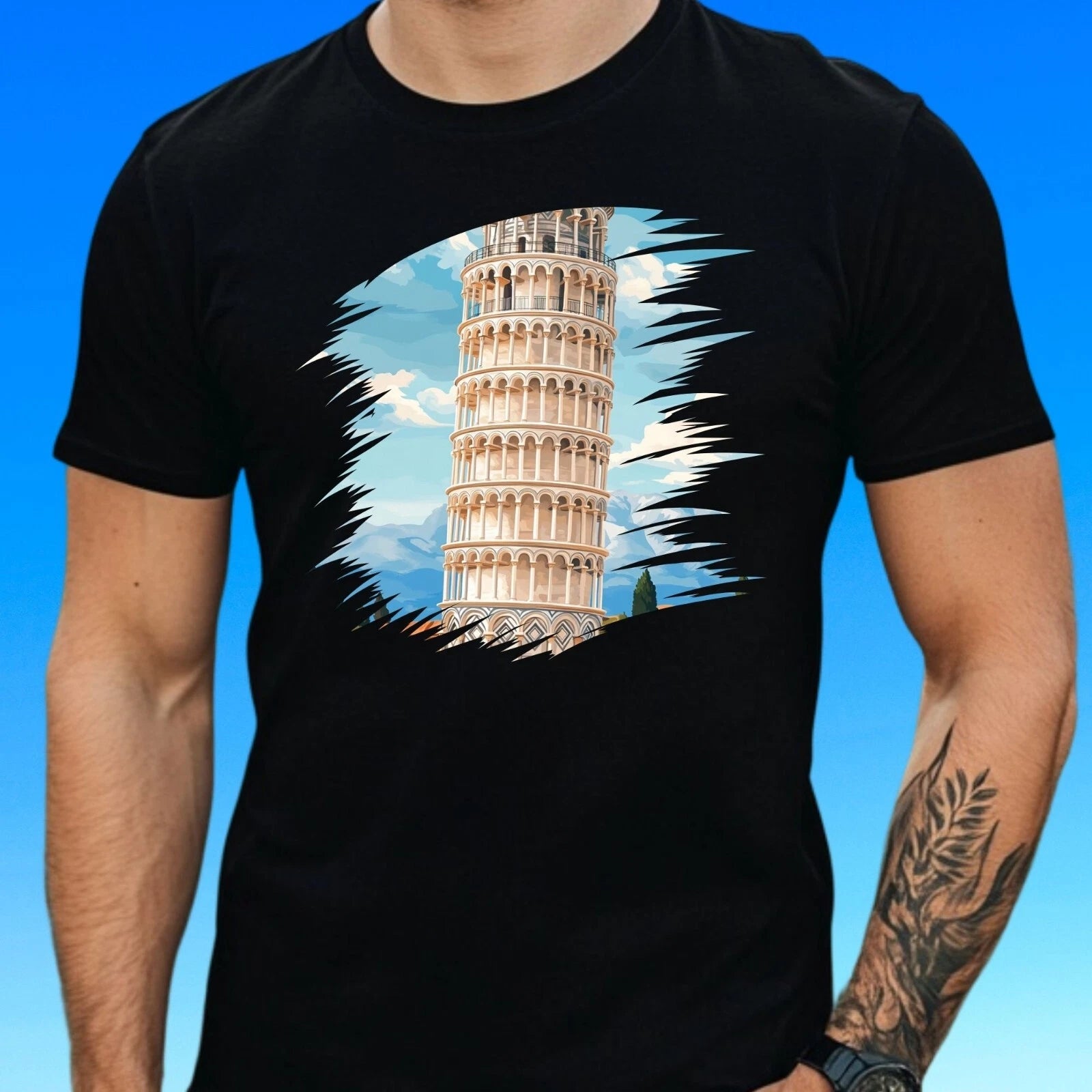 Mens Pisa Tower Motif Cotton T-Shirt Size XS to 5XL