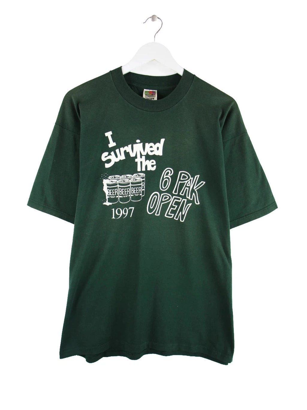 Fruit of the Loom 1997 Vintage Funny Beer Print T-Shirt Green XL Mens