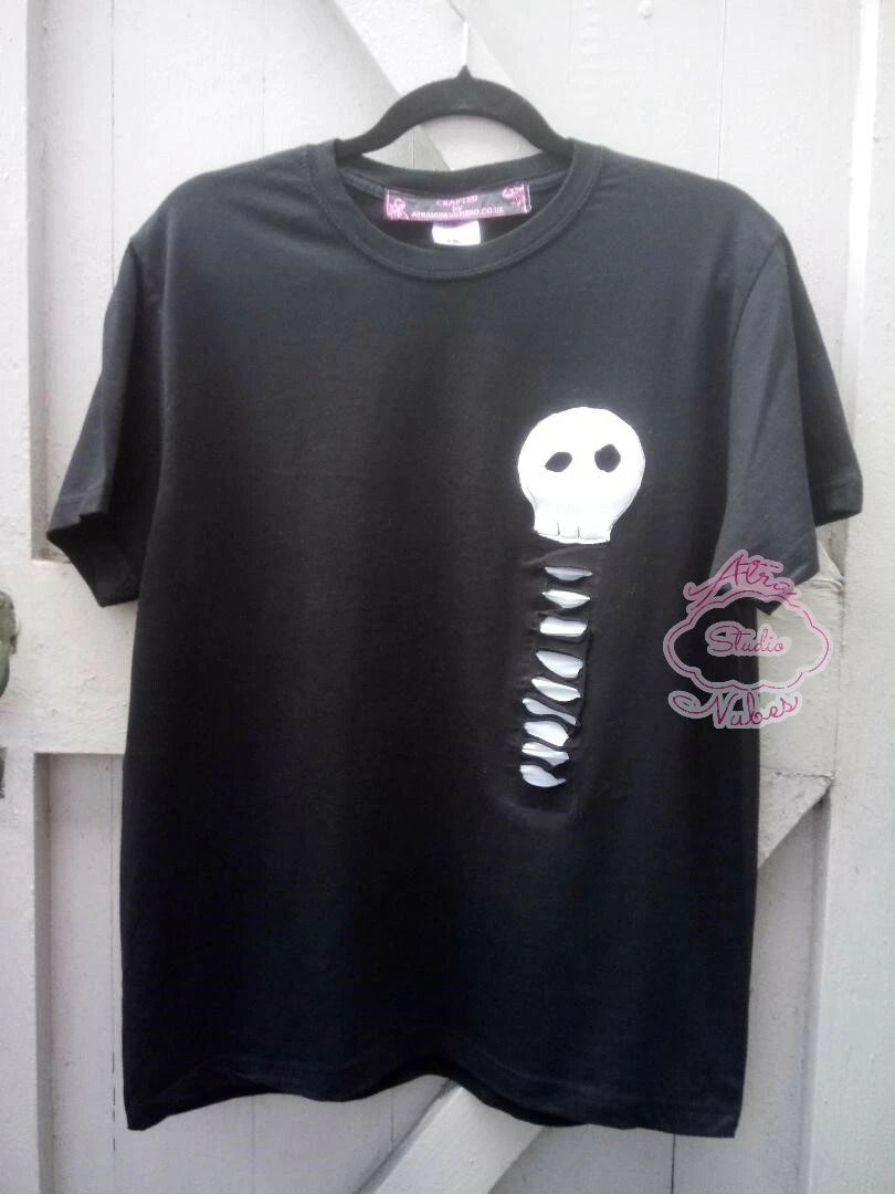 OOAK Gothic Kawaii Creepy Cute Visual Kei Black Skeleton Tshirt Size ML Handmade