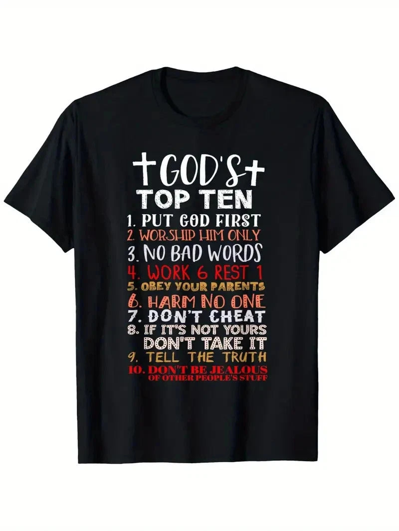 Jesus 10 Commandments Christian Bible Verse T-Shirt - Black with Red & White Let