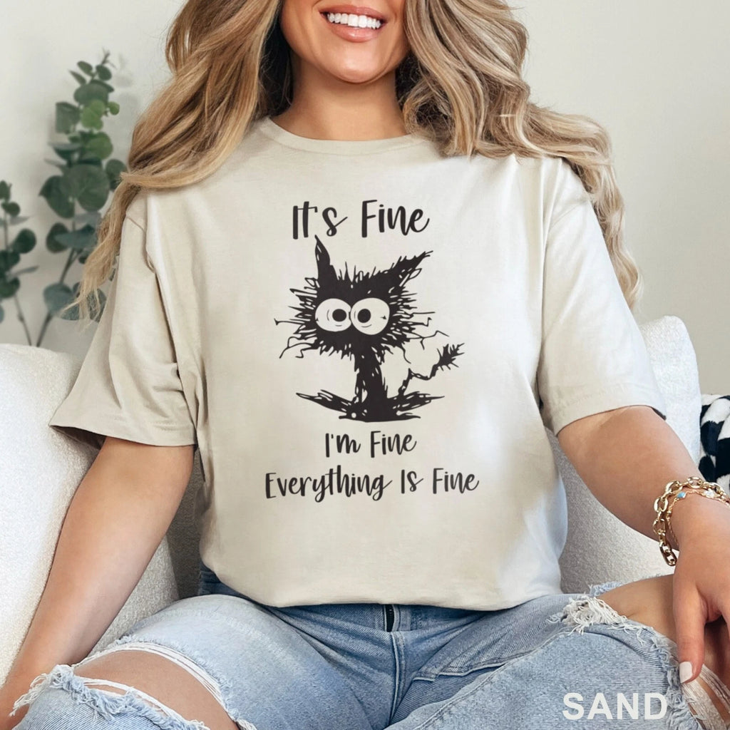 It's Fine I'm Fine Everything Is Fine Shirt, Cute Black Cat Tee, , 202826
