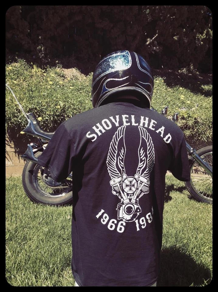 Winged Shovelhead Engine black shirt biker cone shovel panhead motorcycle Vtg