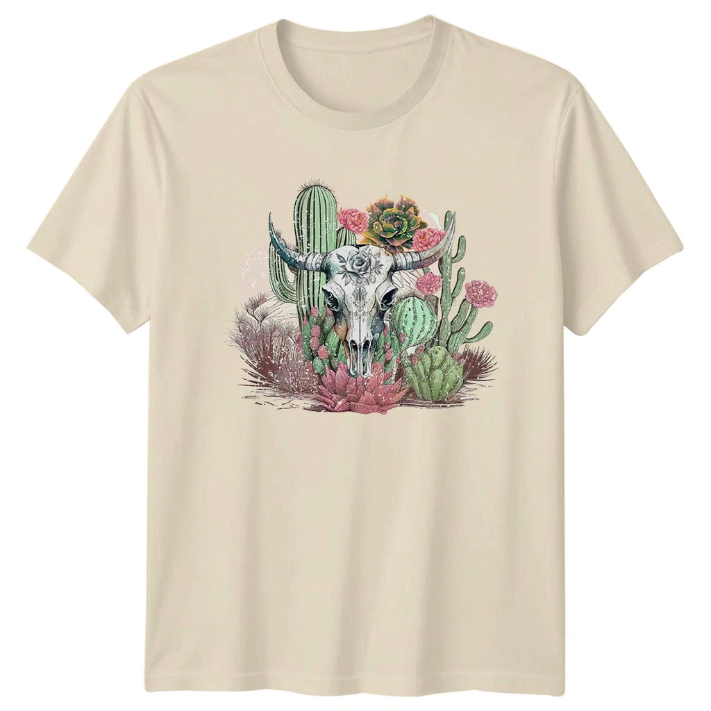 Boho Floral Cow Skull Desert Womens T-Shirt Cactus Western Cowgirl Birthday