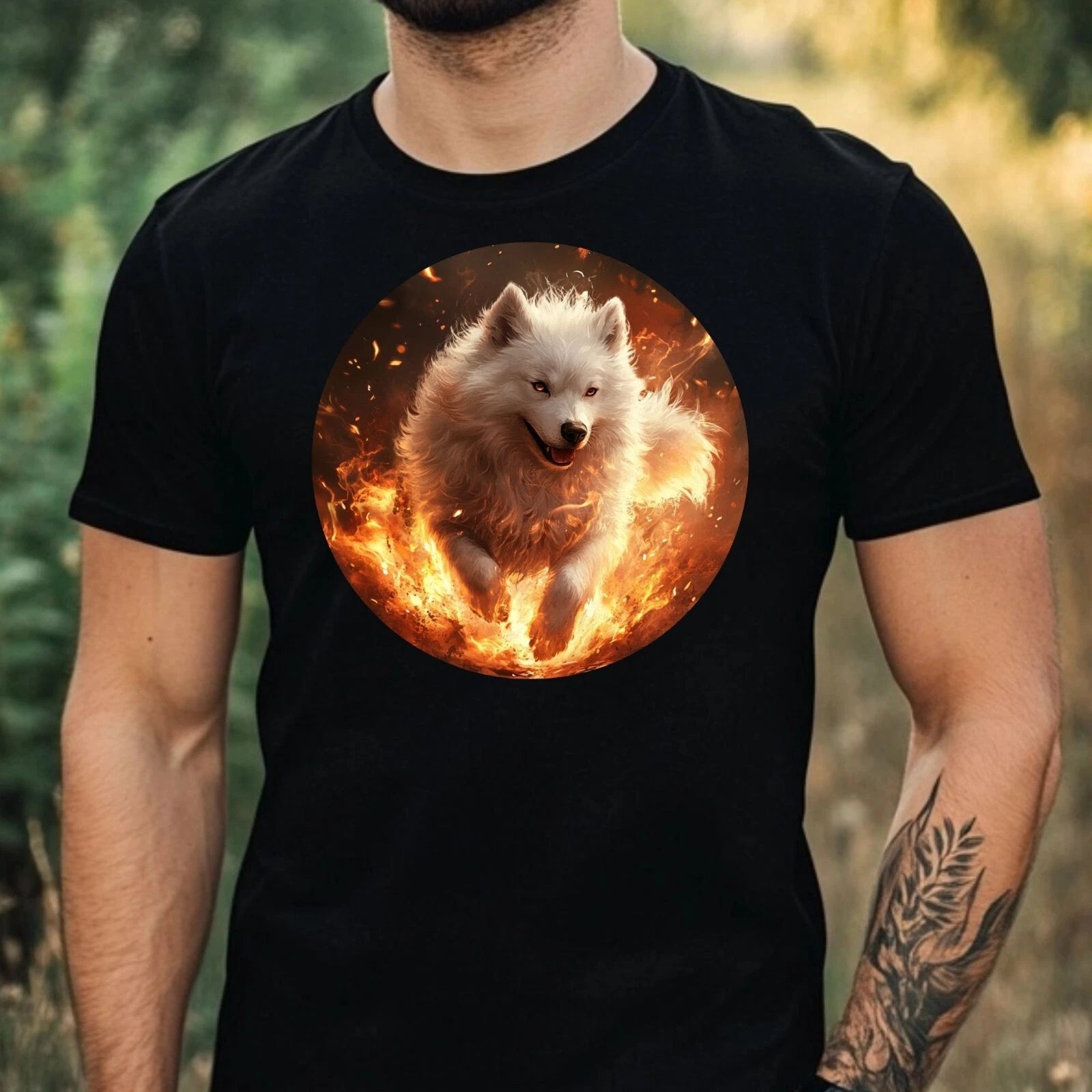 Mens Samoyed On Fire Motif Cotton T-Shirt Size XS to 5XL