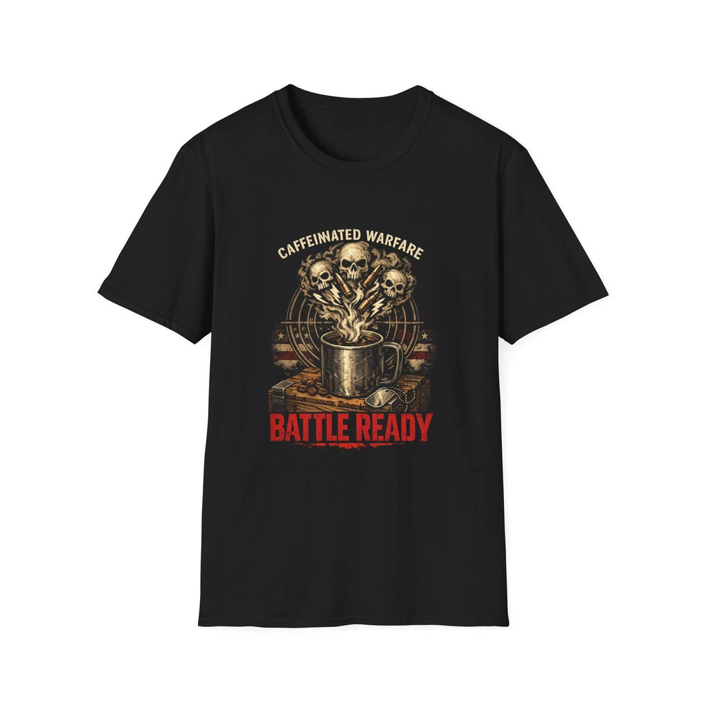 Caffeinated Warfare Battle Ready coffee skulls T-Shirt | Military coffee design