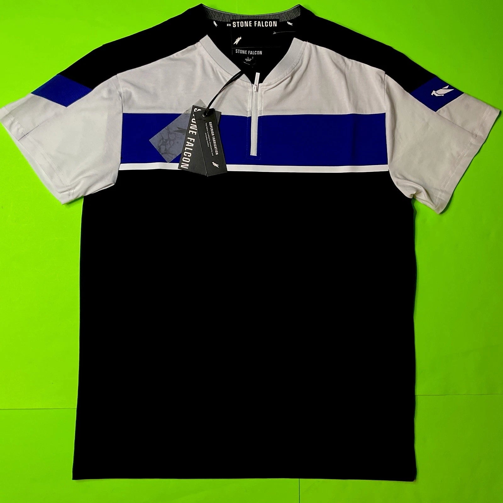 STONE FALCON Men’s Short Sleeve T-Shirt LARGE Black w/Blue, White MSRP $69 NEW
