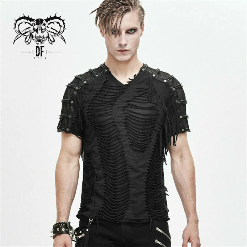 Steampunk Gothic Casual T-Shirt Men's Broken Hole Decoration Cotton Slim Top