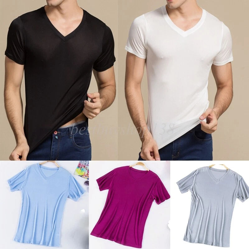 Men's 100% Mulberry Silk Knit V-Neck Short-Sleeve Top Shirt Breathable Summer