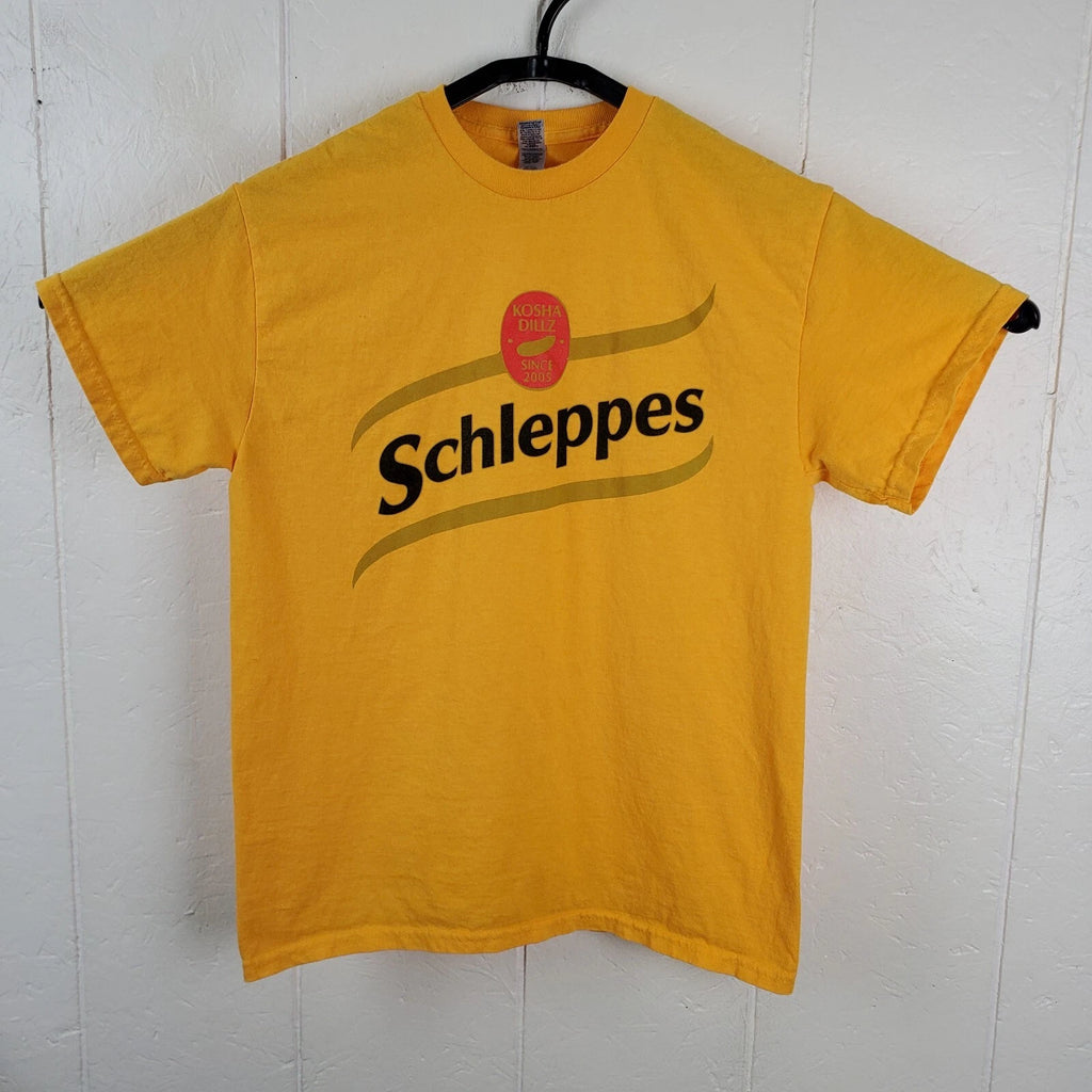 Schleppes Shirt Mens Medium Yellow Crew Neck Short Sleeve Graphic Stretch Casual