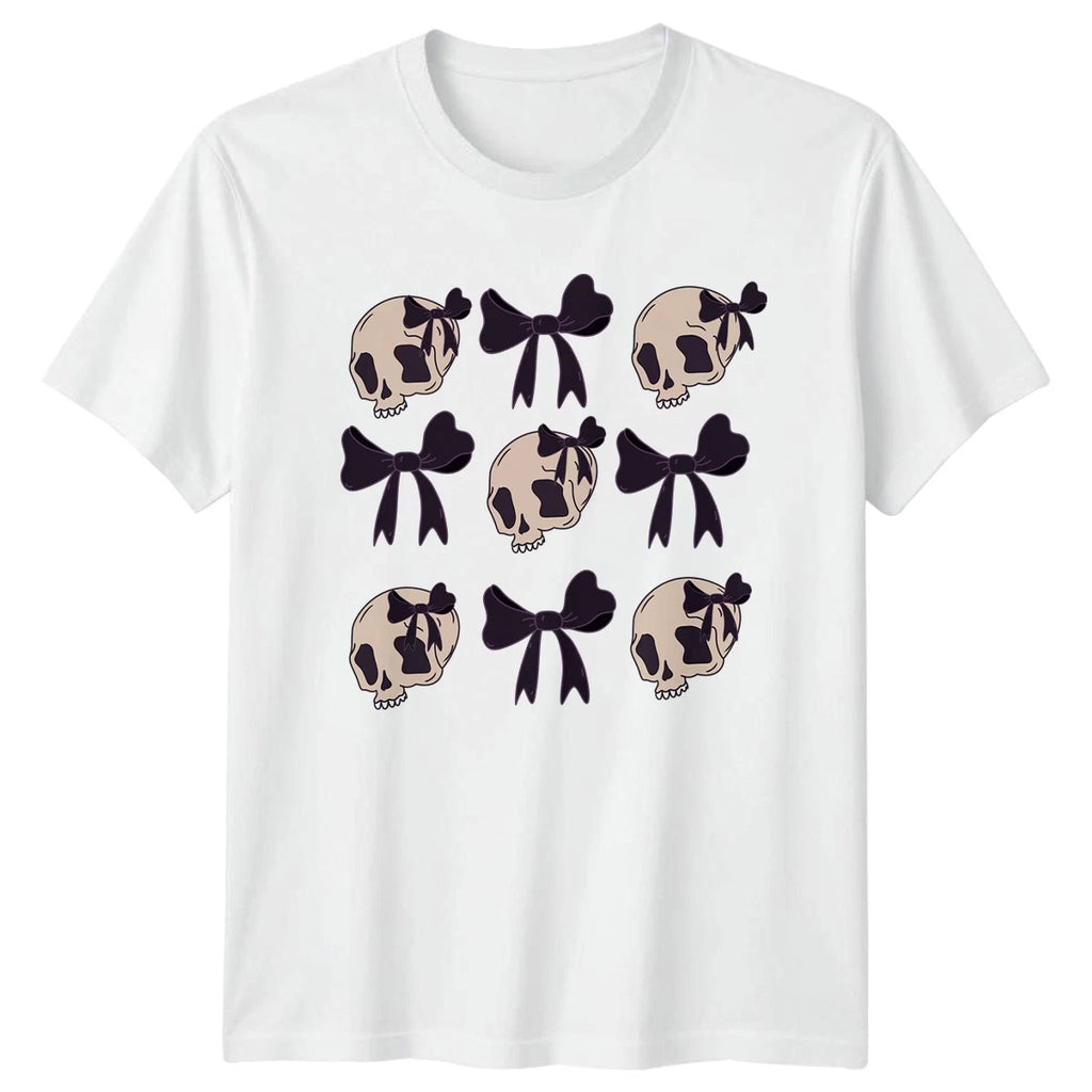 Skull With Bow Womens T-Shirt Coquette Goth Halloween Halloween Gift For Her