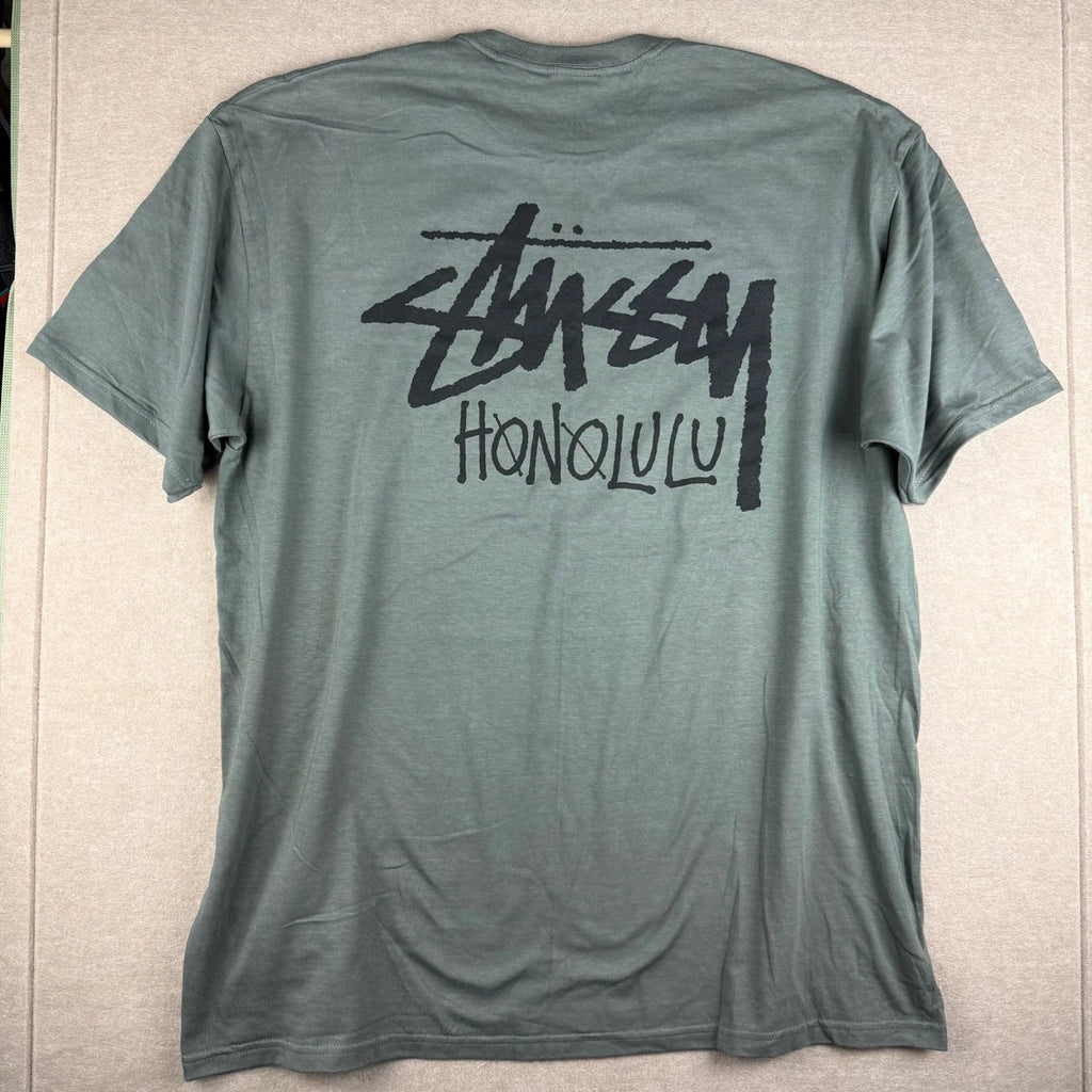 Y2K Stussy Honolulu Shirt Mens XXL Army Green Logo Streetwear Surf Tee RED TAG