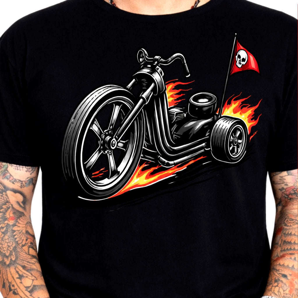 Motorcycle Biker T Shirt Flaming Trike Skull Chopper Rider Black Tee Fire Gift