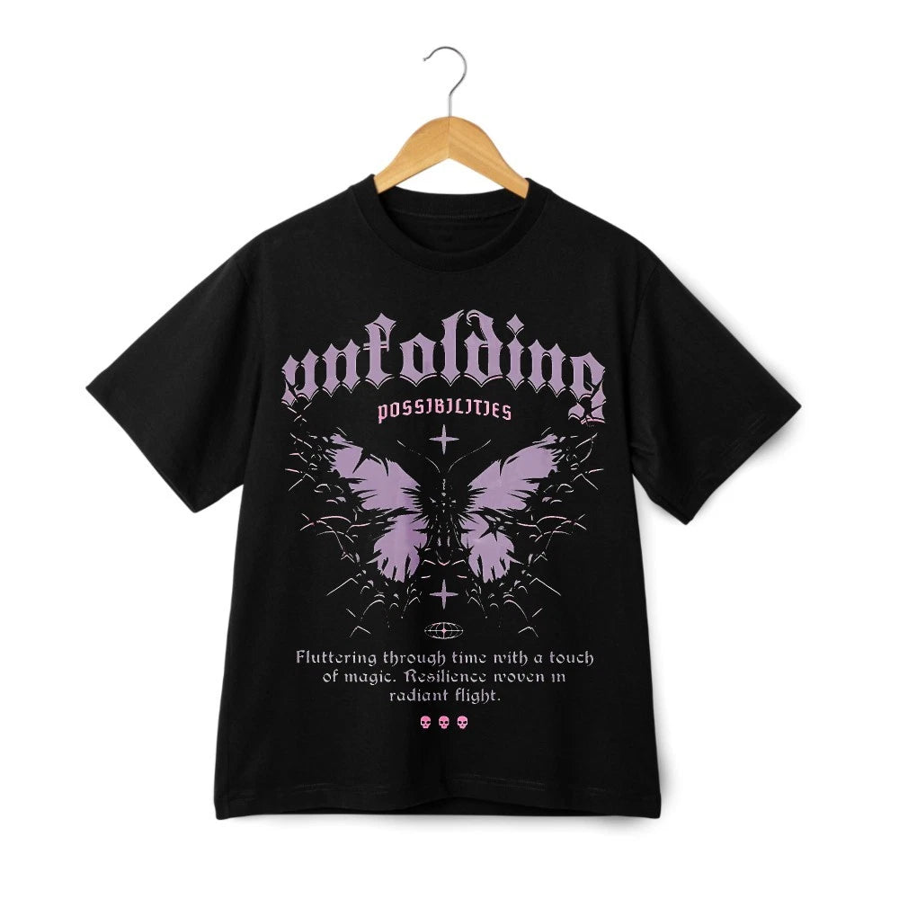 Unfolding Butterfly Graphic T-Shirt – Bold Gothic Style Streetwear Unisex Tee