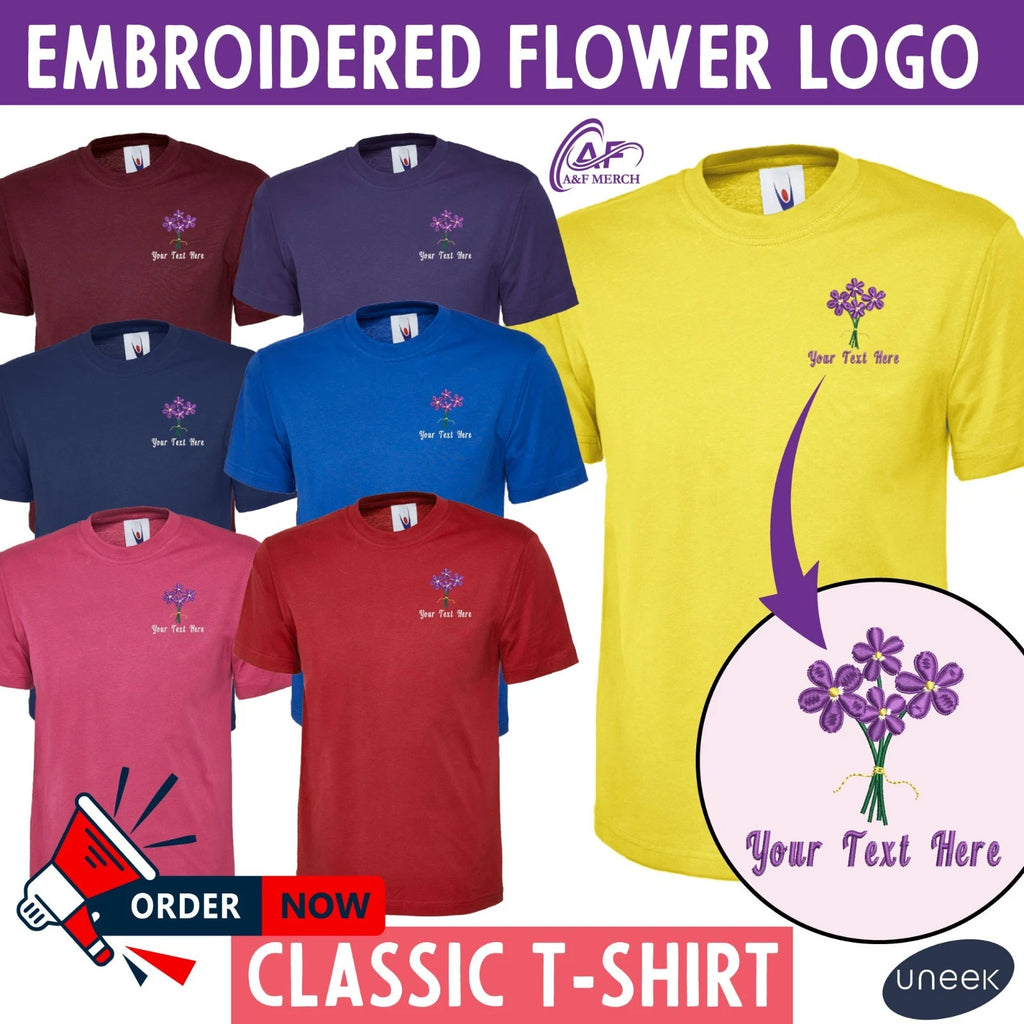 Personalisiert Bestickt Boho Floral T-Shirt Lila Blume Logo Workwear Geschenk