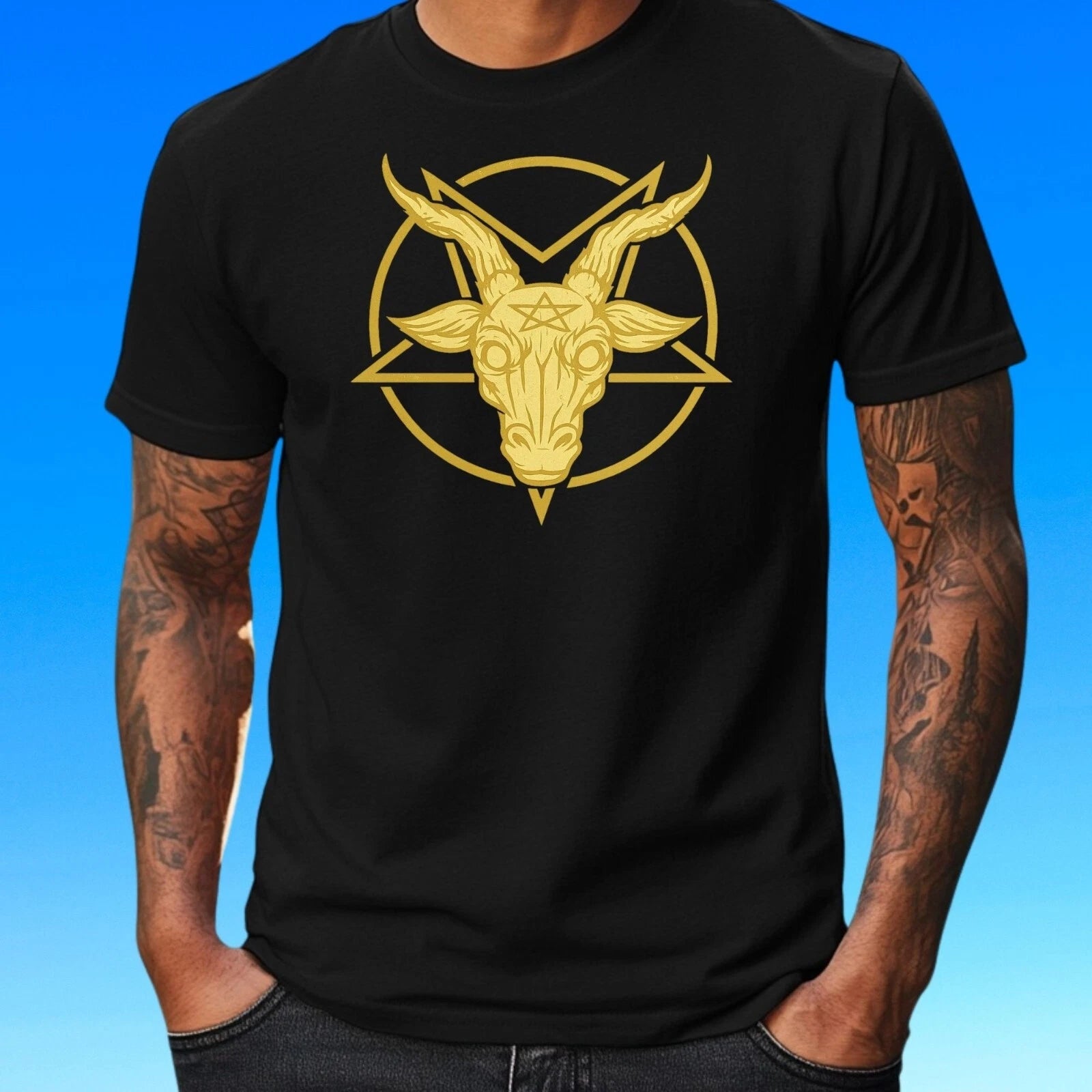 Mens Baphomet Pentagram Motif Cotton T-Shirt Size XS to 5XL