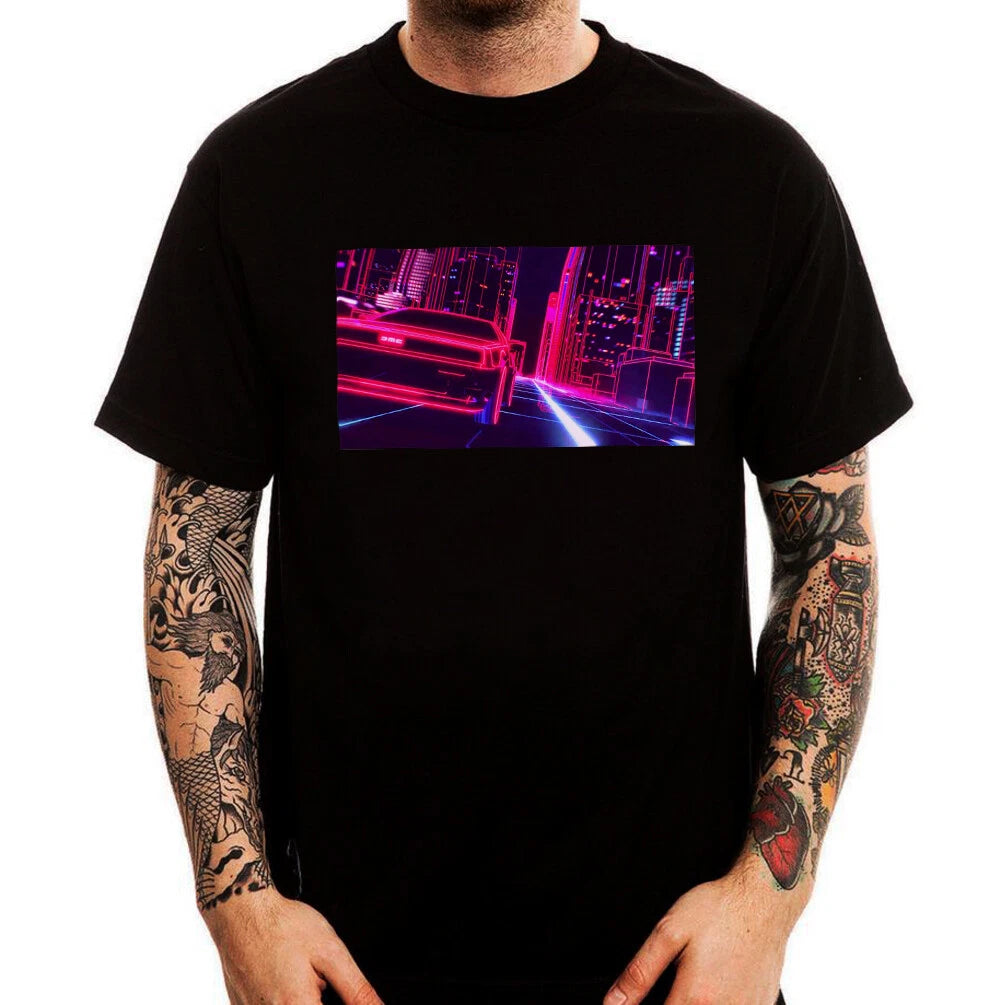 Retro Sport Car Digital City Night Aesthetics Men's Printed Cotton T-shirt Top