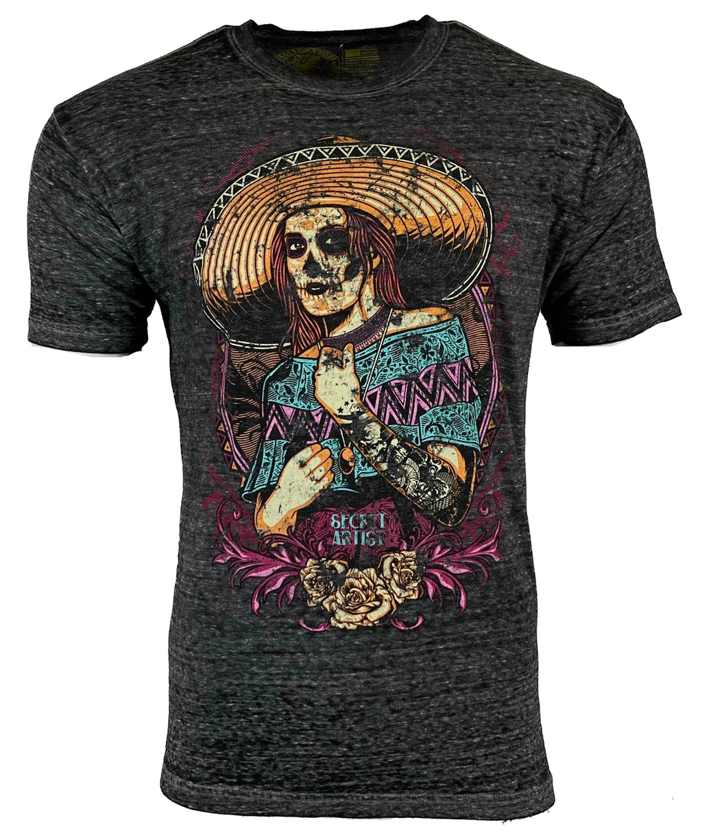 Secret Artist by Affliction Men's T-shirt SUGAR HAT Biker Gray
