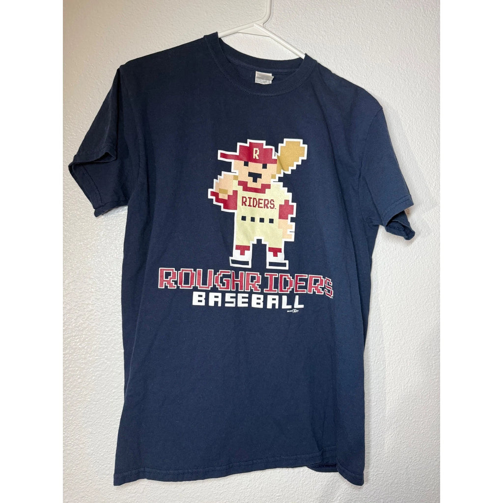 Gildan Frisco RoughRiders Baseball T-Shirt Navy Blue 8-Bit Pixel Art Graphic Tee