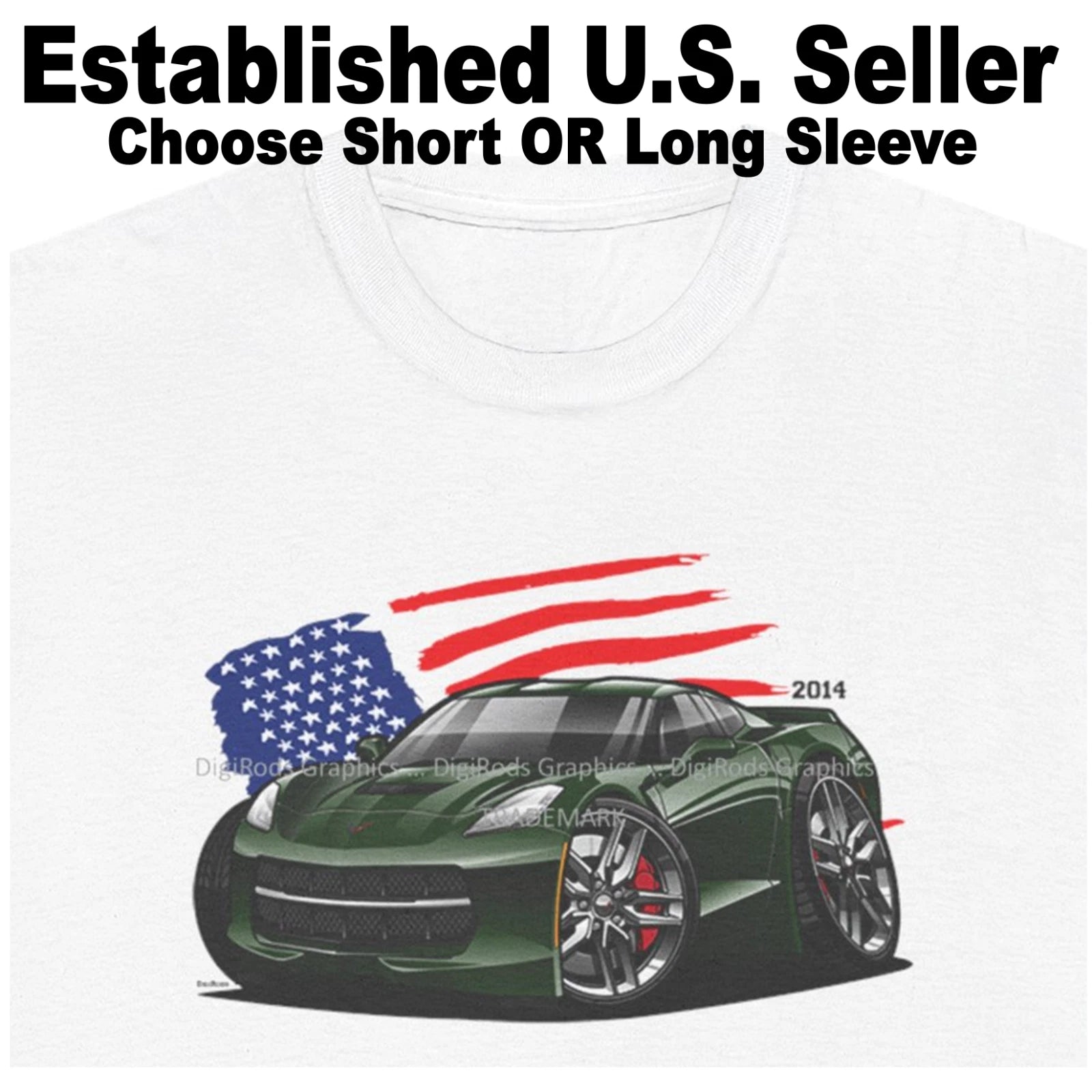 DigiRods Corvette C7 2014 Lime Rock Green Color Flag Model Cartoon Car T Shirt