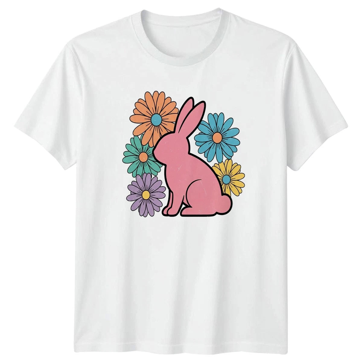 Retro Pink Bunny Floral Hippie Womens T-Shirt Rabbit Flower Animal Spring Easter