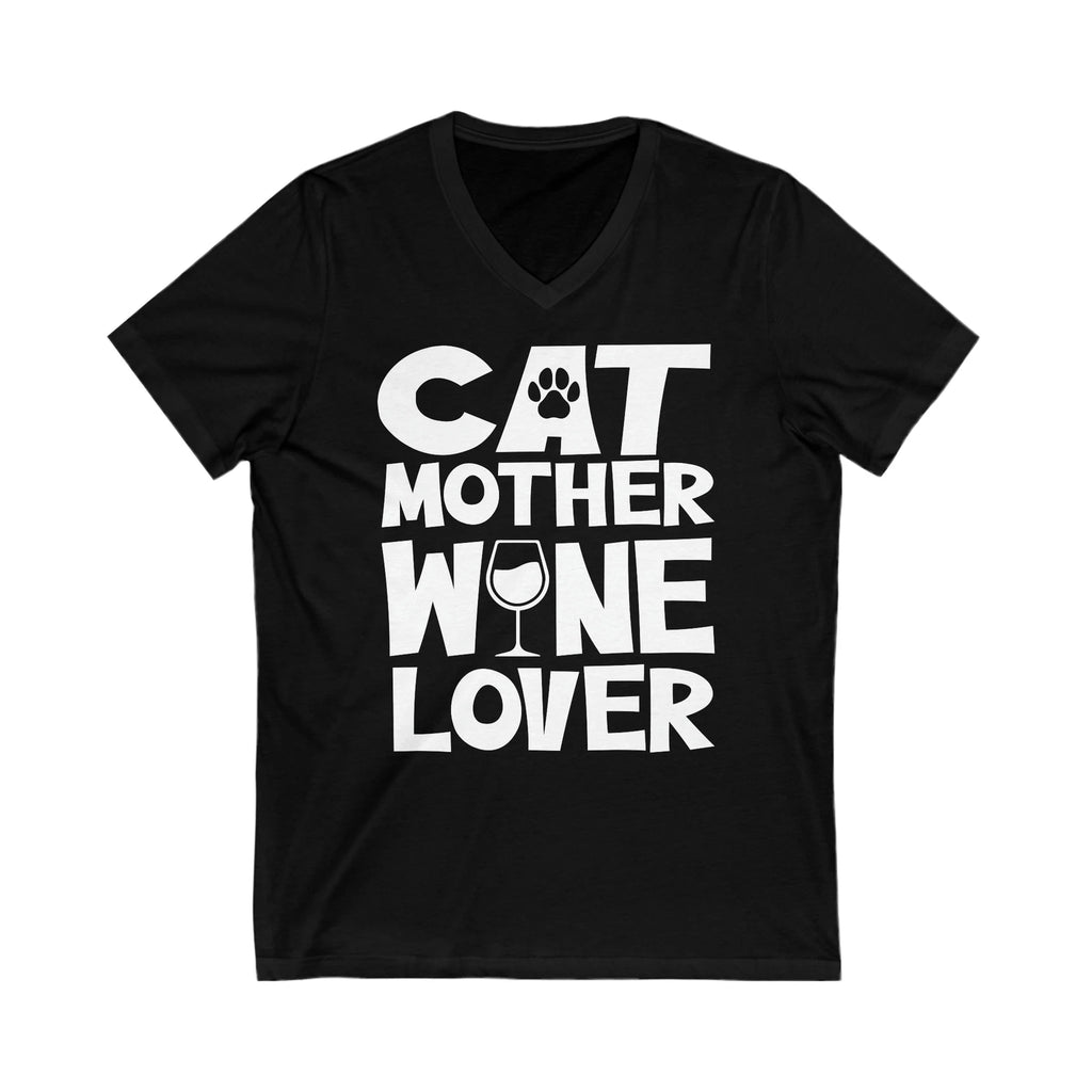"Cat Mother Wine Lover: Unisex V-Neck Tee for the Ultimate Feline Enthusiast!"