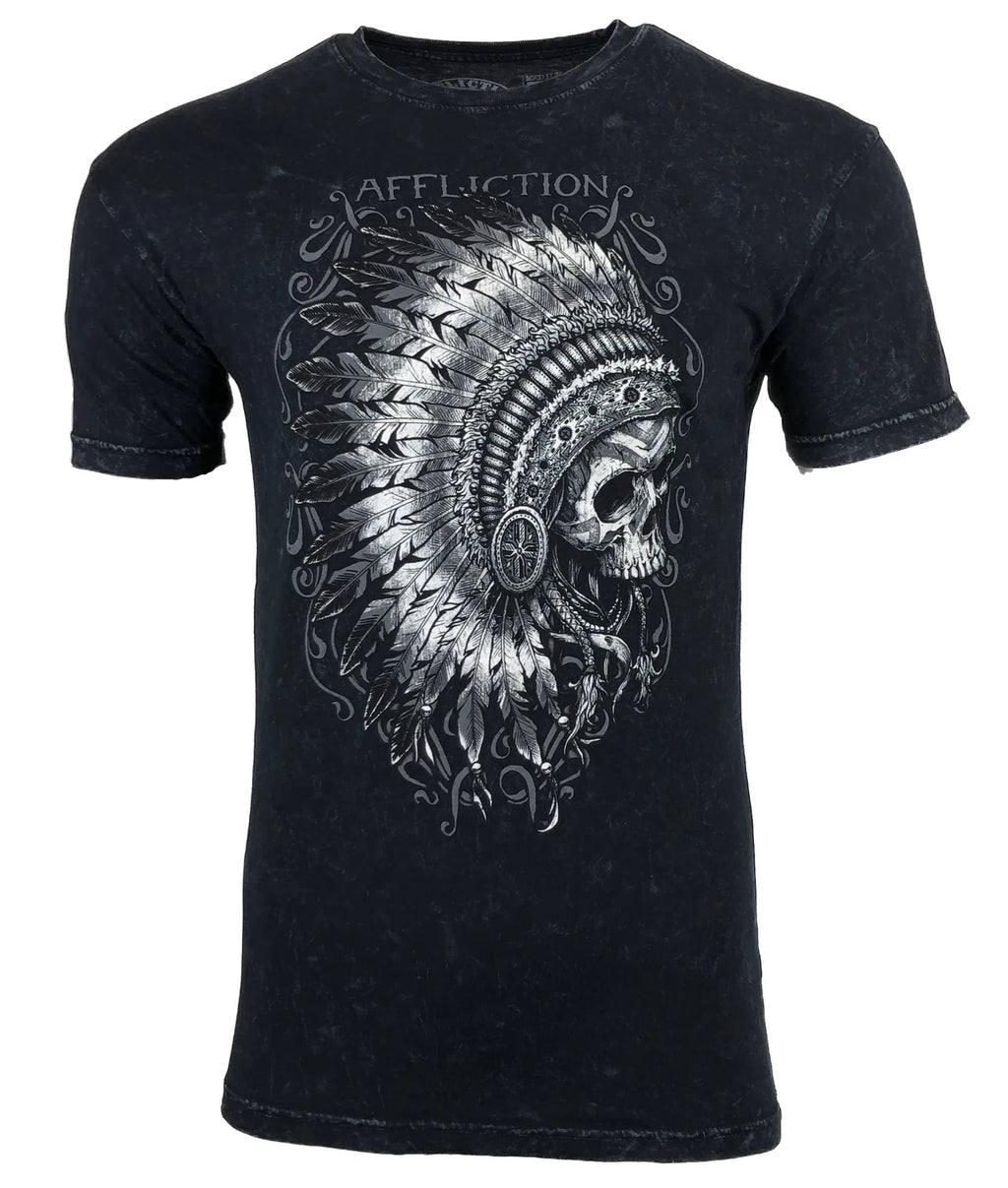 AFFLICTION Men's T-shirt APACHE BLACK LAVA Indian Skull Motorcycle Biker S-4XL