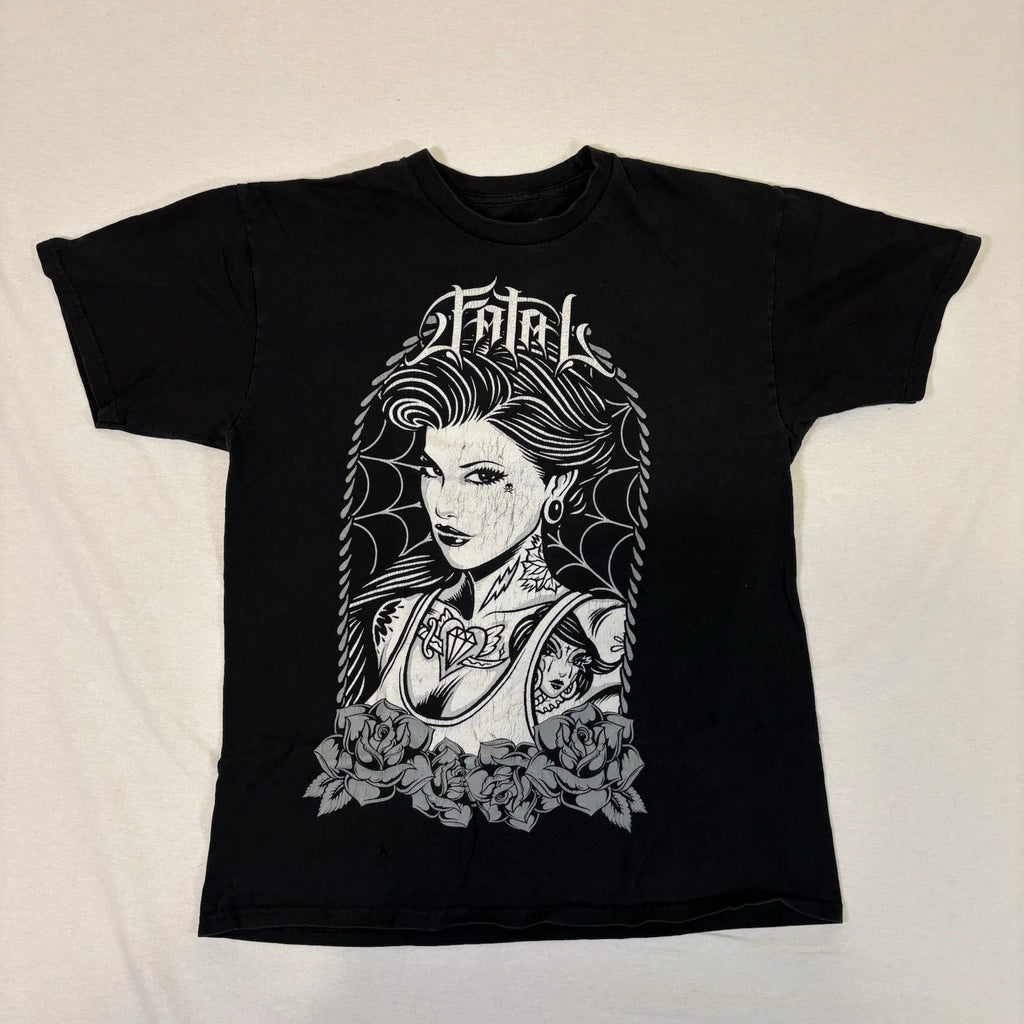 Fatal Clothing Tattoo Girl Art Tee Black & White Graphic T-shirt Skull Size L