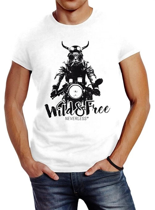 Cool men's T-shirt cat on motorcycle slim fit Neverless®
