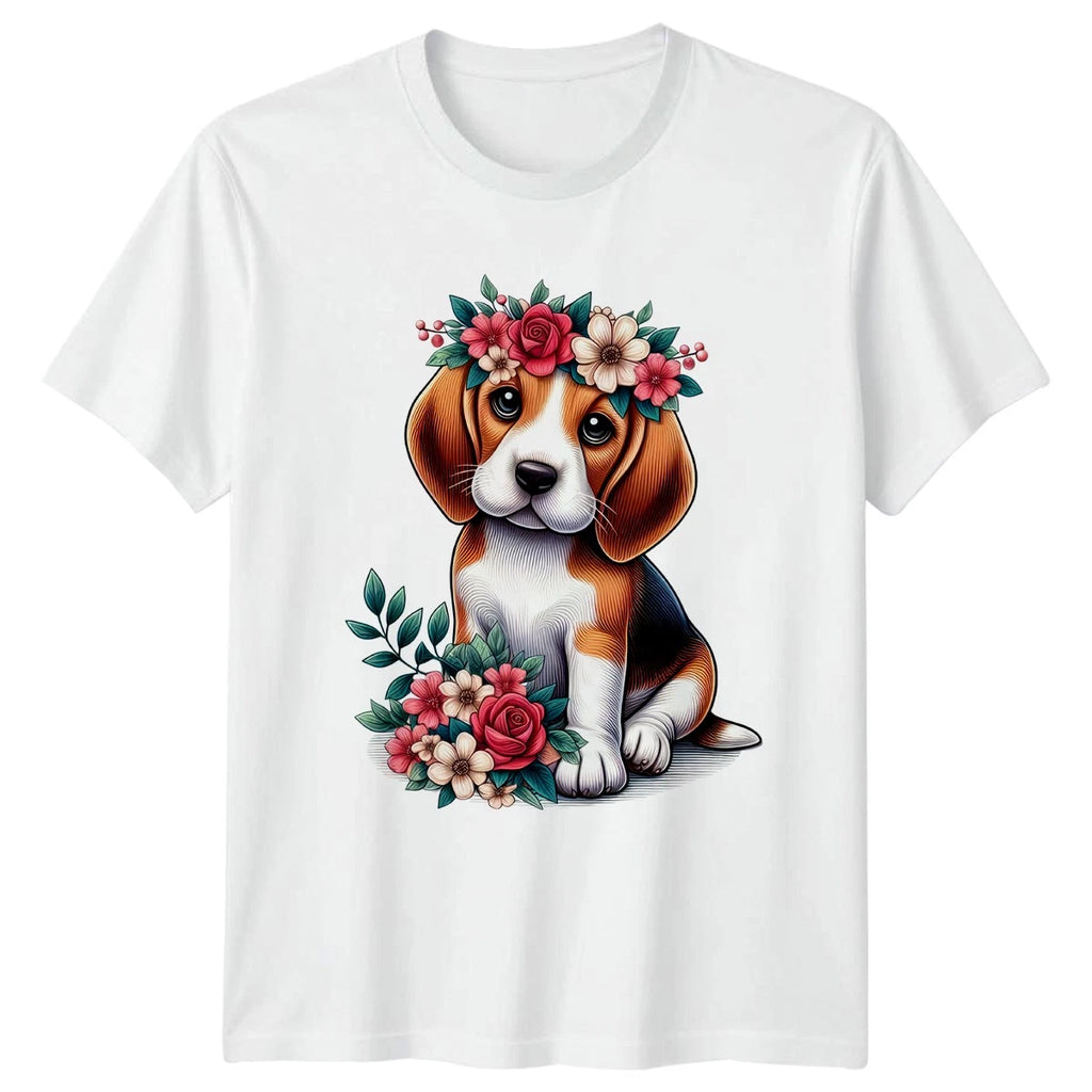 Cute Beagle Dog Wearing Floral Womens T-Shirt Beagle Puppy Art
