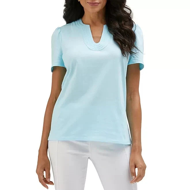 Rafaella Women's Short Sleeve V-Neck Shirt, Atomizer Blue, Large