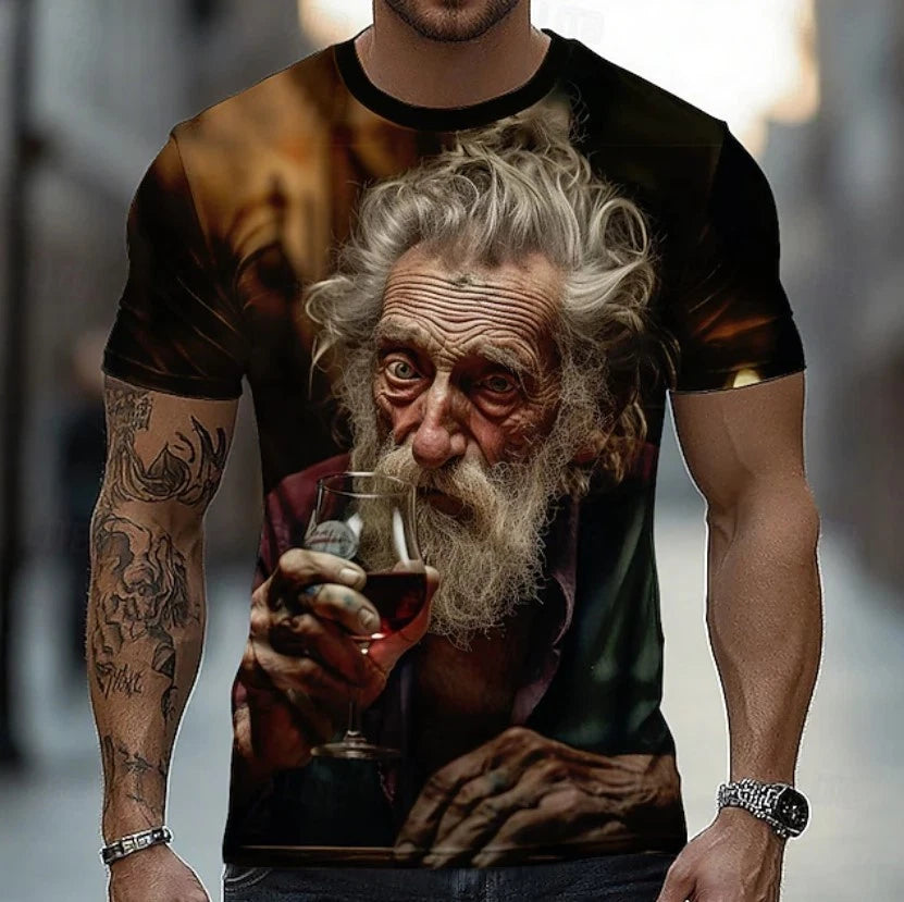 Old Man Drinking Red Wine Men's Graphic T Shirt Artistic Cinematic Portrait Wine