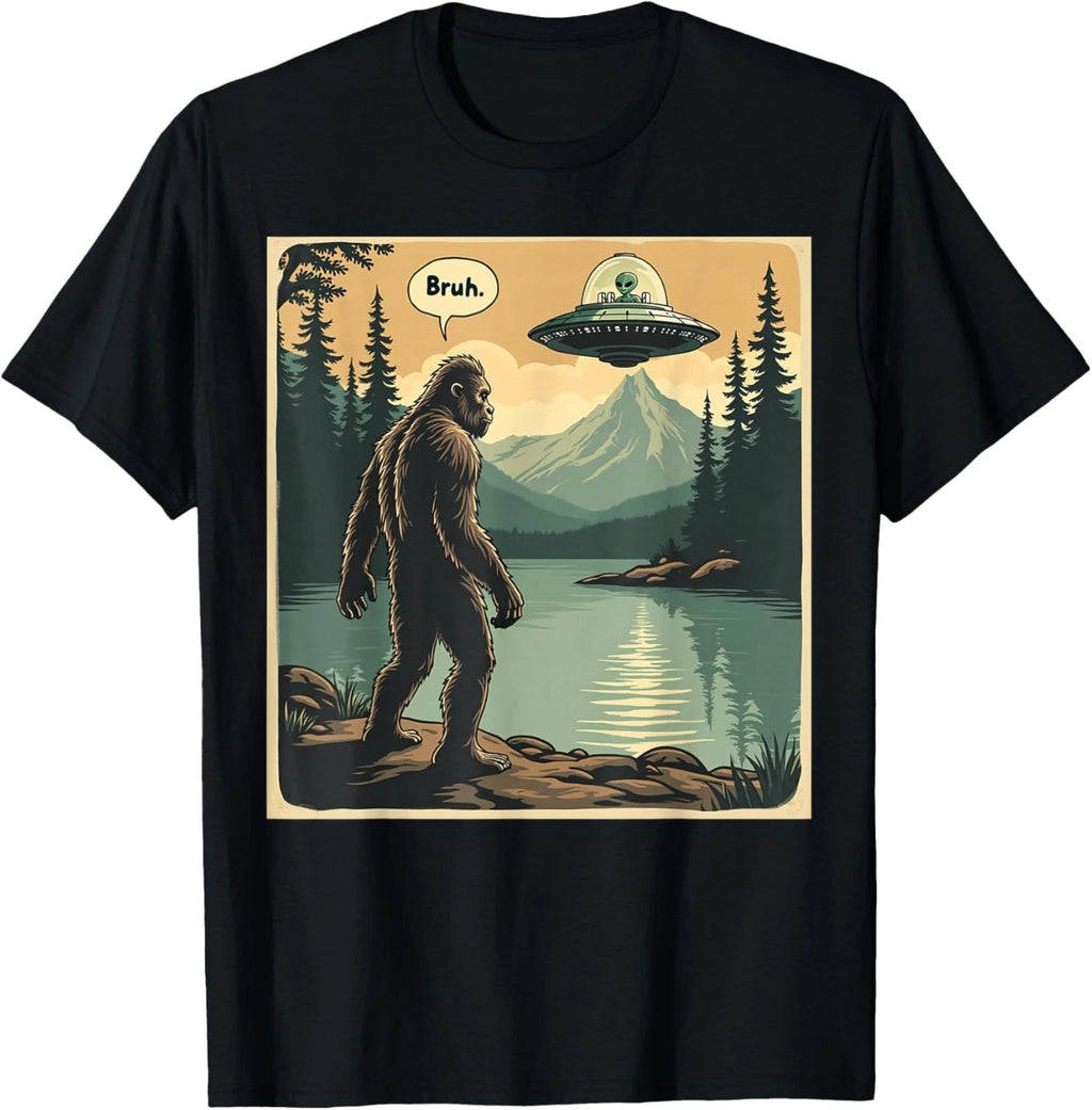 Funny Bigfoot Sasquatch Alien Spaceship UFO Introvert Bruh Gift Unisex T-Shirt