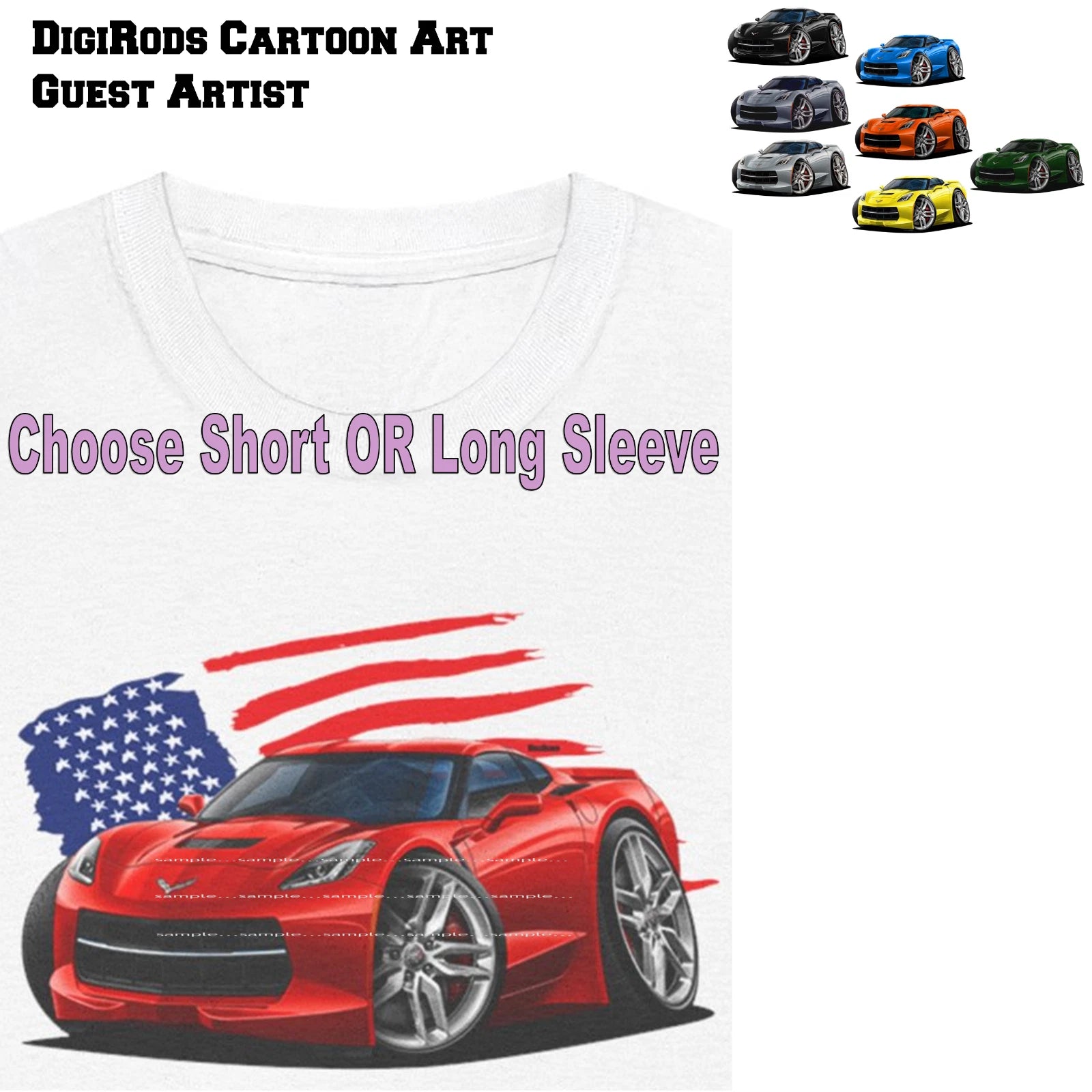 DigiRods Chevy Corvette C7 Model American Flag Cartoon Car T Shirt S-5X