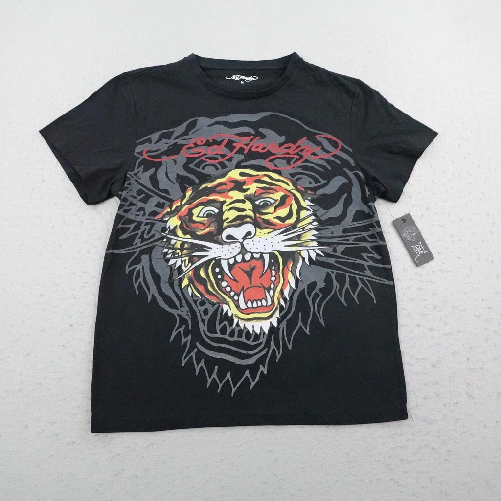 Ed Hardy Shirt Mens Medium Black Retro Tiger Head Crewneck Short Sleeve Y2K NEW