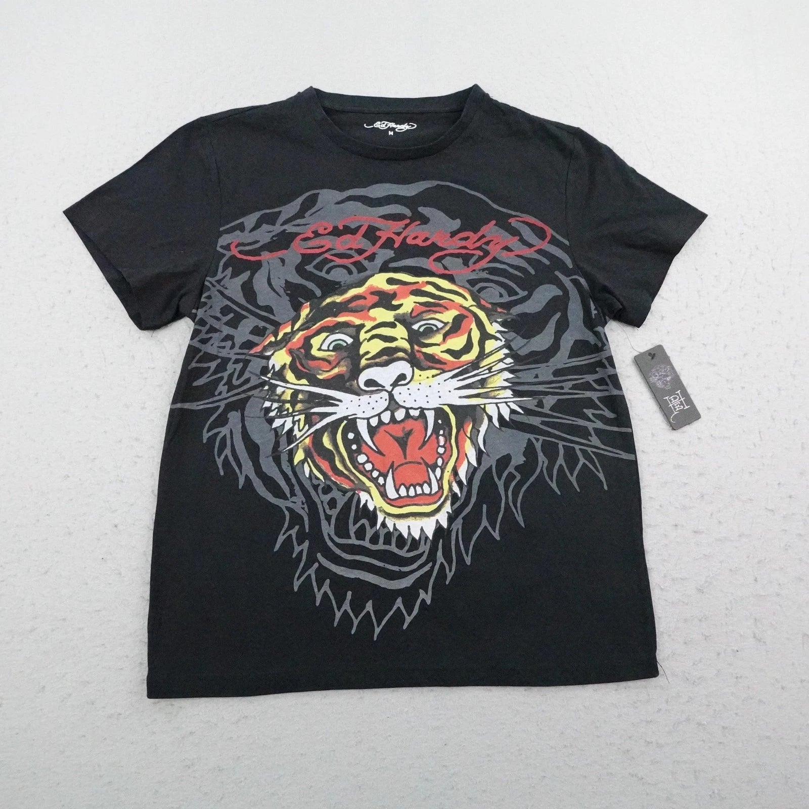 Ed Hardy Shirt Mens Medium Black Retro Tiger Head Crewneck Short Sleeve Y2K NEW
